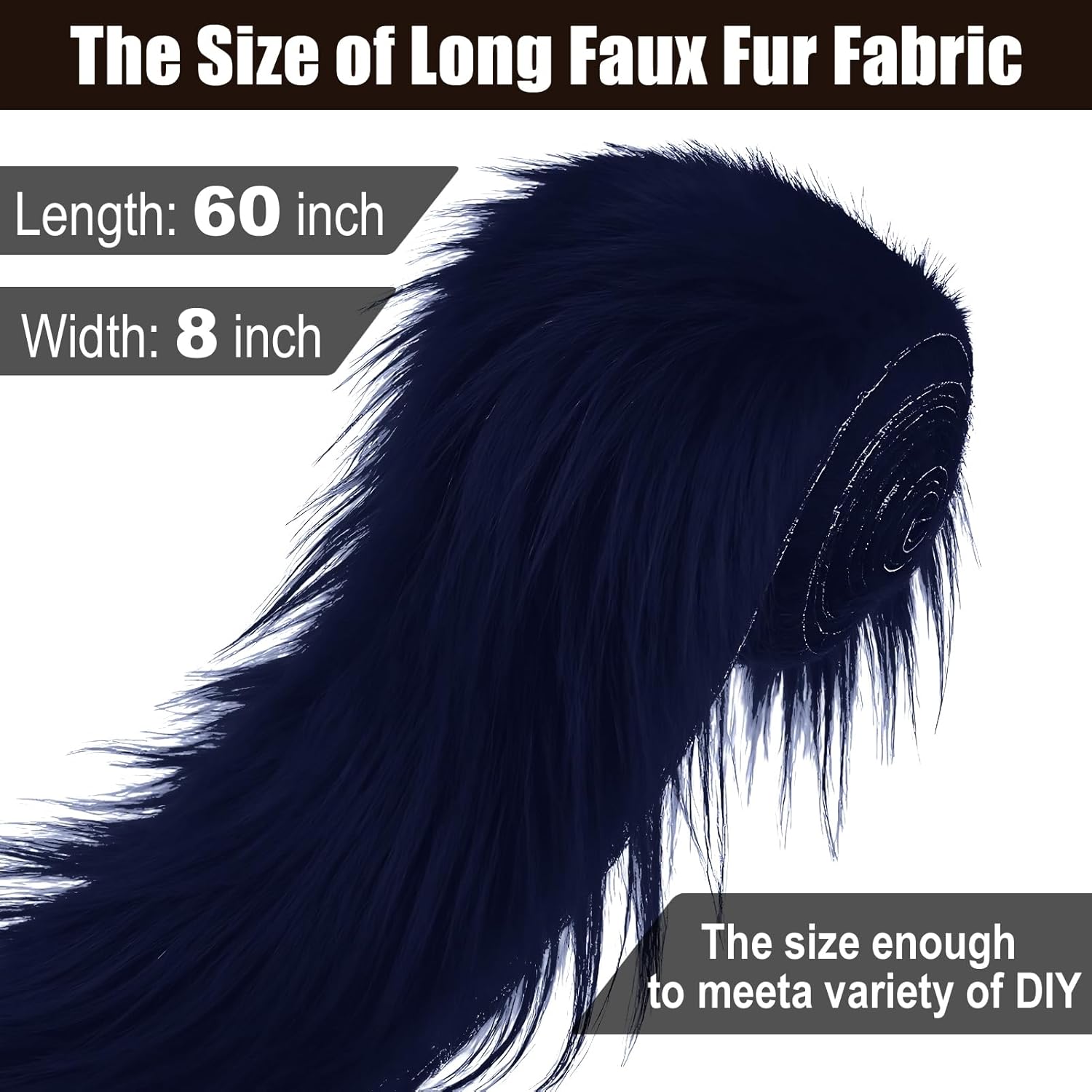 Navy Blue 8x60Inch Faux Fur Shaggy Plush Faux Fur, Fabric Precut Strips Fluffy Fuzzy Faux Fur, Craft Beard Hair, Beard Miniature Dolls Rugs Mats Gift, Winter Halloween Christmas Costume Party Decor