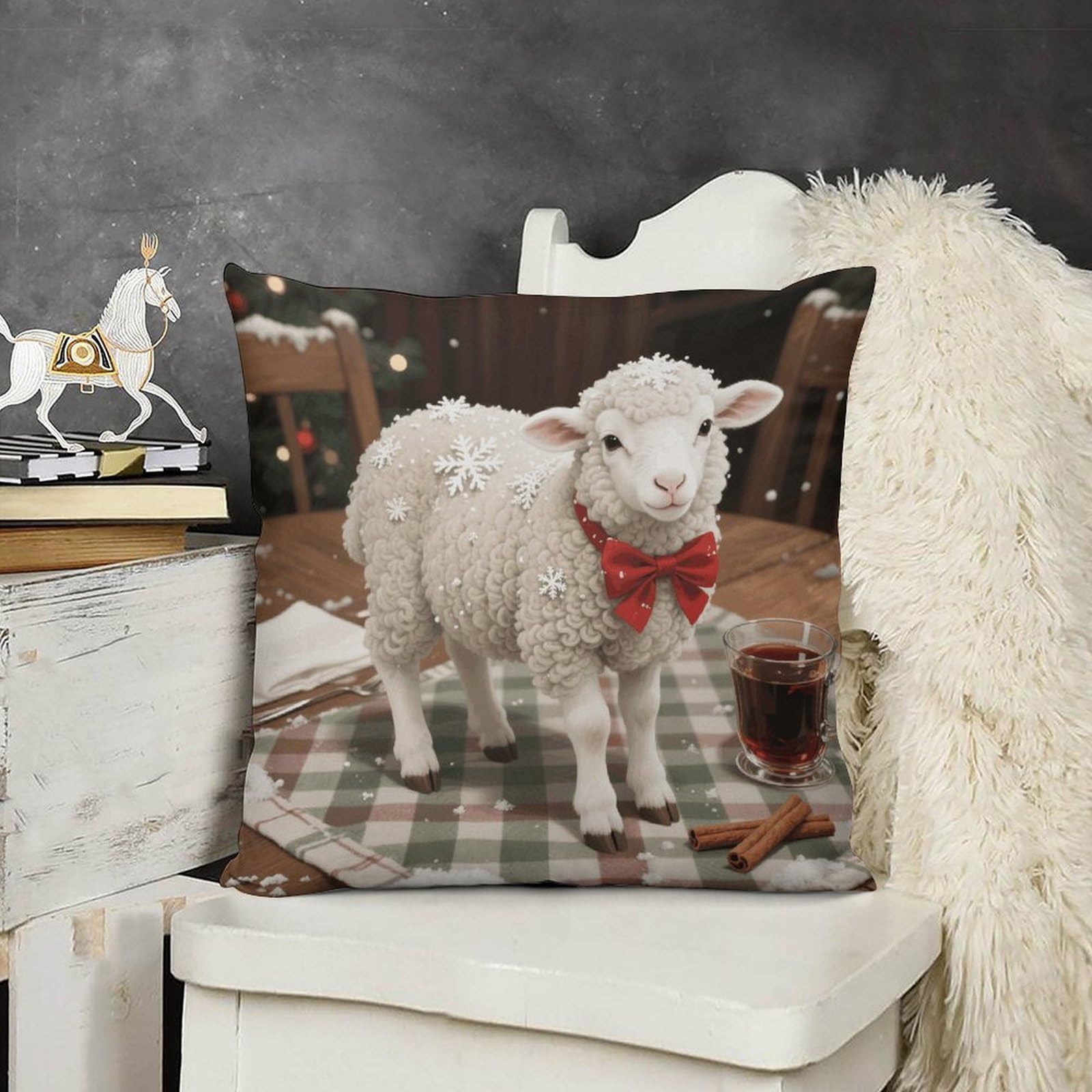FodPand Boho Farmhouse Christmas Sheep Pillow Covers with Hidden Zipper 20x20 Soft Plush Cushion Cover Decorative Throw Pillow Cases for Couch Bed Sofa Living Room Indoor Outdoor Home Decor