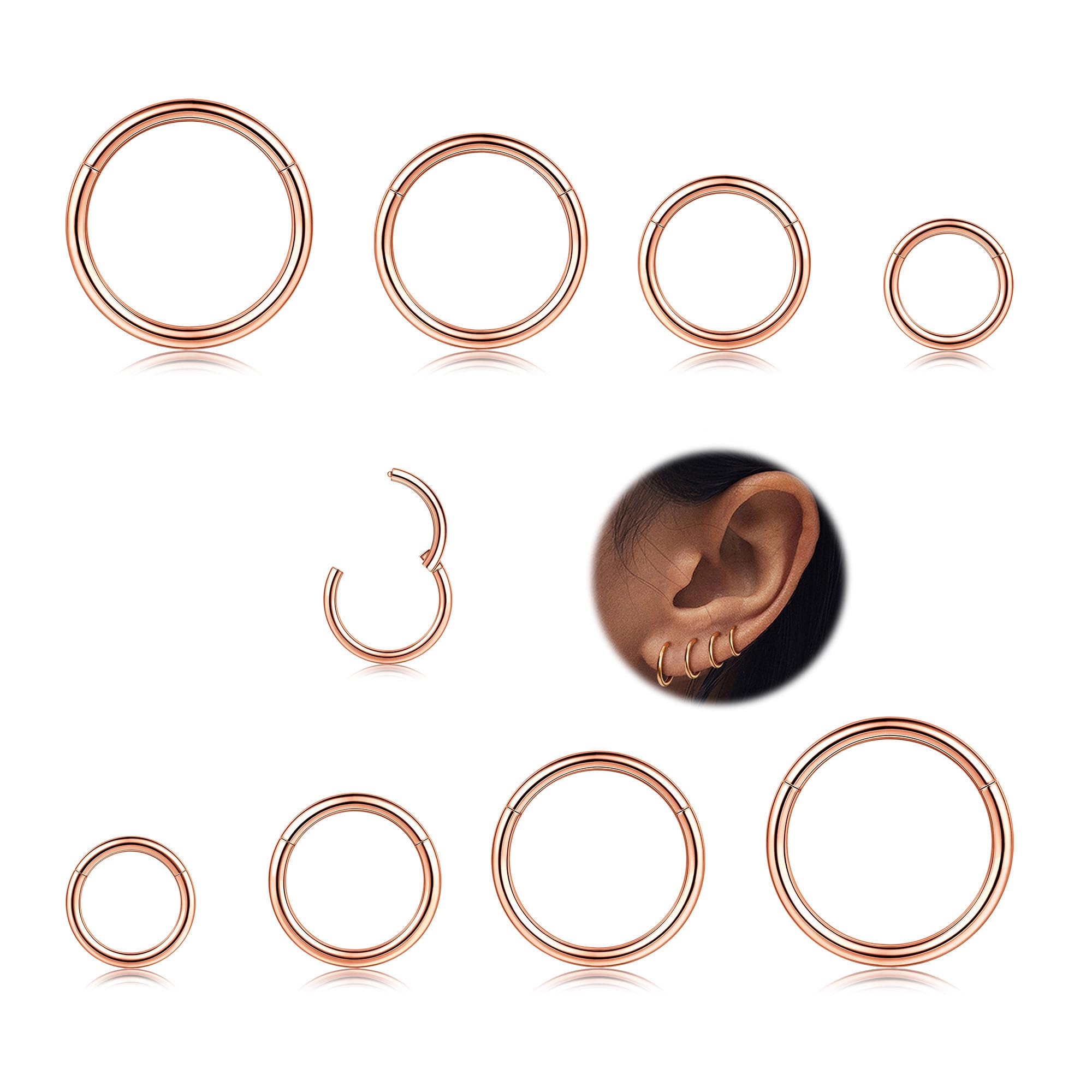 MILACOLATO 8Pcs 16G Surgical Steel Hinged Clicker Segment Nose Rings Hoop Helix Cartilage Daith Ohr Tragus Sleeper Earrings Body Piercing 6-12MM — view 9