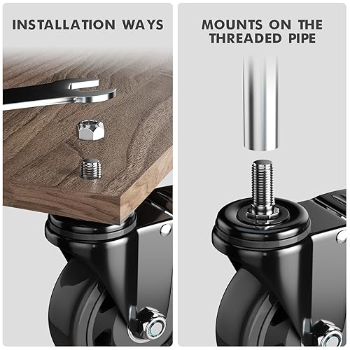 Miniatura 6 de Ruedas giratorias de 3 pulgadas, ruedas de vástago roscado resistentes, juego de 4, ruedas giratorias con vástago UNC 38"-16" x 1" ruedas