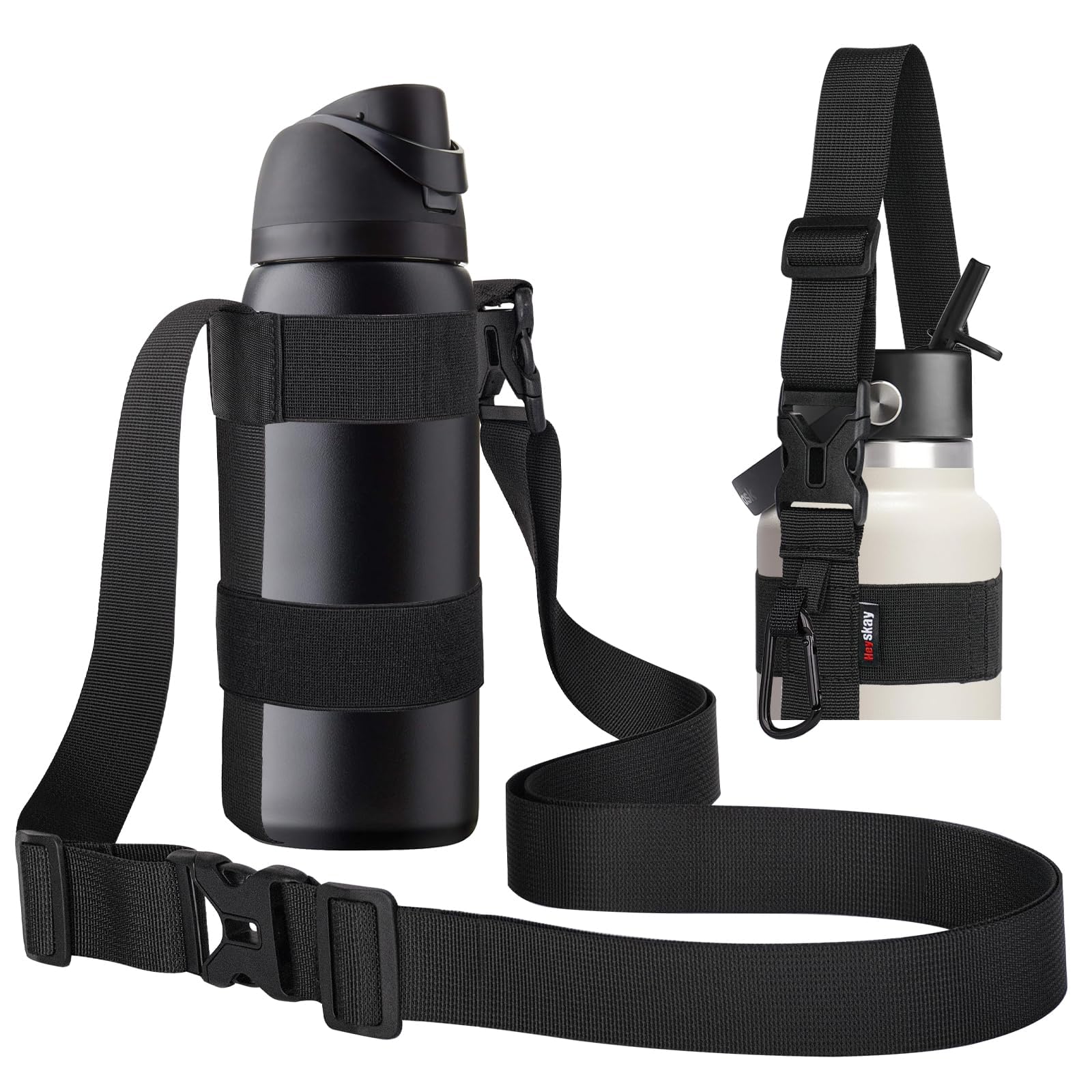 HEYSKAY Water Bottle Holder with Strap, Water Bottle Sling with Adjustable Shoulder Strap and Carabiner for Owala FreeSip 24-40oz, Hydro Flask and Universal Water Bottles, for Walking, Hiking(Black)
