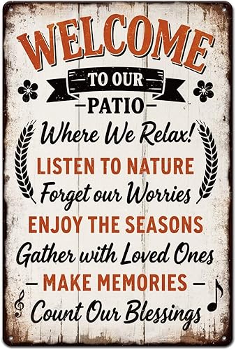 Miniatura 1 de GLOBLELAND Letrero de metal con texto en inglés "Welcome to Our Patio" de 12 x 8 pulgadas, letrero de metal retro para pared, decoración de oficina,