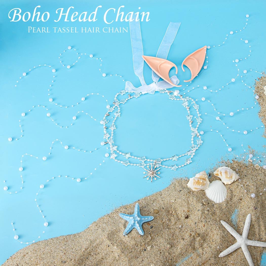 Fashband Star Boho Head Chain with Fairy Elf Ear Pearl Tassel Hair Chains Headpiece Jewelry Halloween Festival Headband Hair Accessories for Women - Image 2