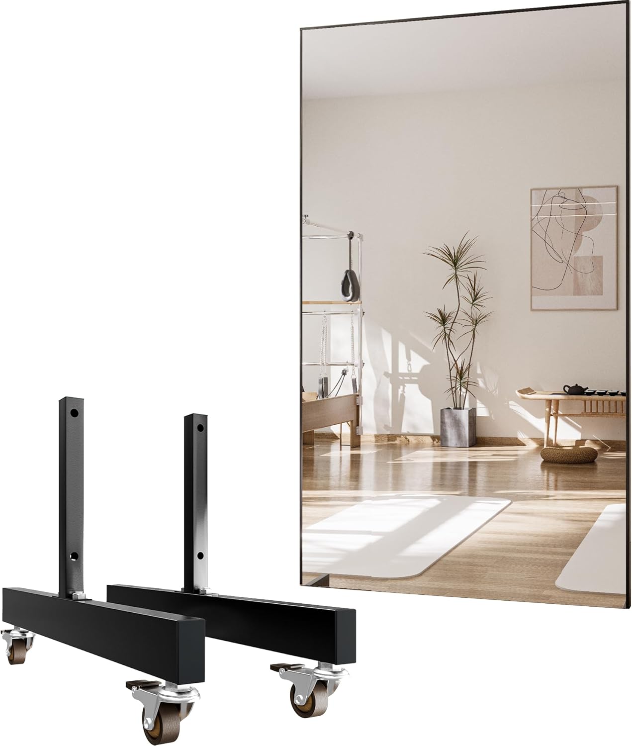 Glassless Full Length Floor Mirror with 360° Swivel Rolling Base, 71×47” Ultra-Light Shatterproof Mirror for Home Gym, Dance, Yoga, Bedroom, Portable Leaning or Hanging Design, Black