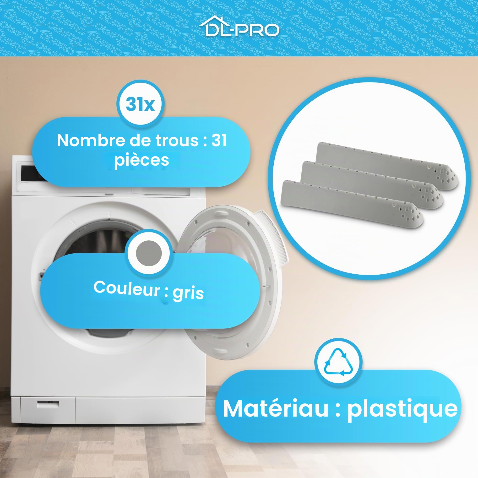 DL-pro Lot de 3 aubes de tambour 31x6,1x4,2cm pour Candy Hoover Otsein 43005989 Ensemble robuste d'aubes de tambour avec 31 trous Gris pour tambour de lave-linge