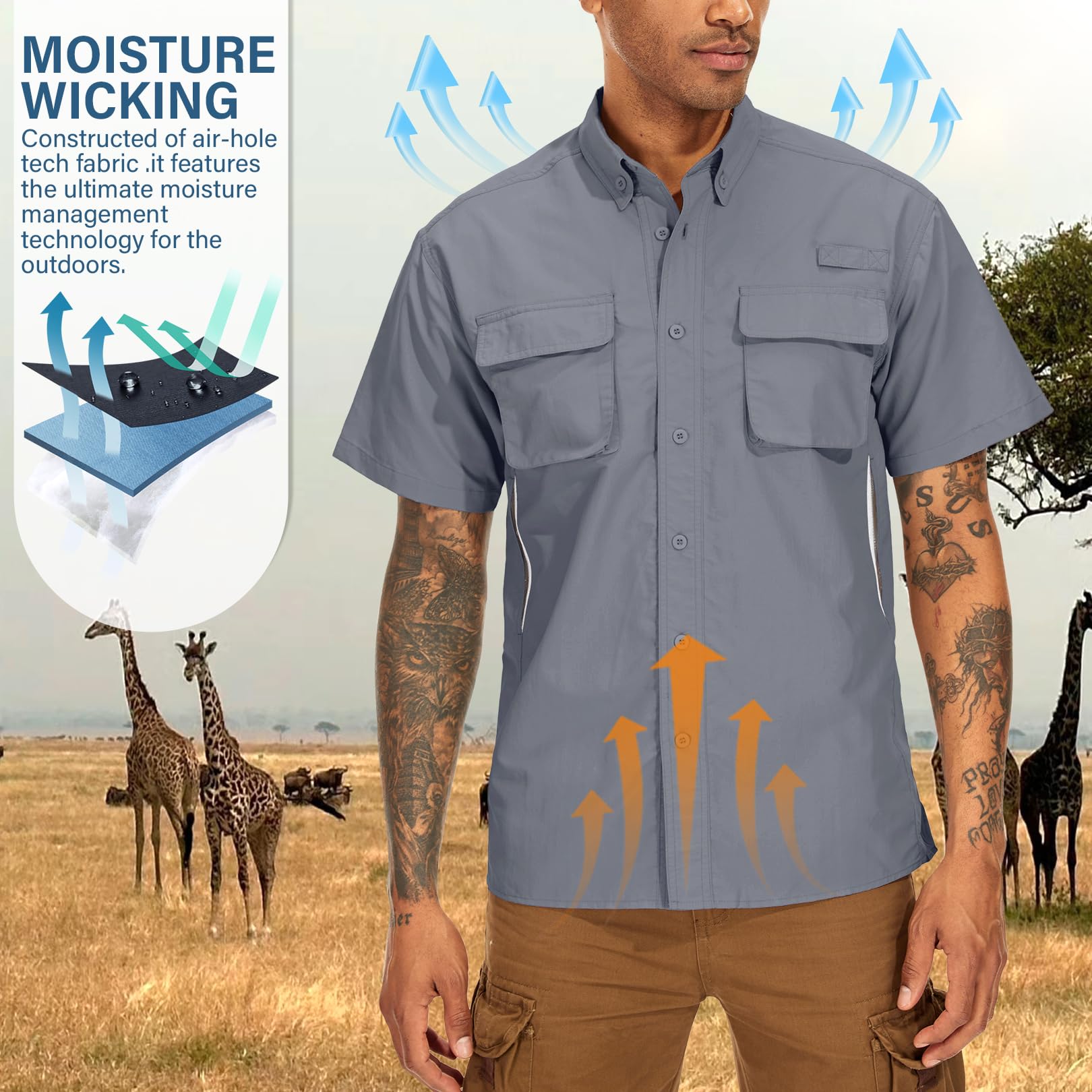Hemd Herren Kurzarm Safari UPF50+ UV Schutz Wanderhemd Funktionshemd Atmungsaktiv Schnelltrocknend Outdoorhemd Casual Button Down Shirts