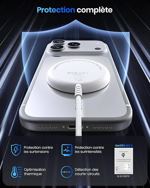 Qi2 Chargeur sans Fil Magnétique 25W, Charge Rapide avec Câble 1,5 m, Compatible Mag-Safe pour iPhone Air/17/16/15/14/13/12, Air-Pods 4/3/2/Pro, Pixel 10 et Autres, Blanc (Chargeur secteur non inclus) - 5