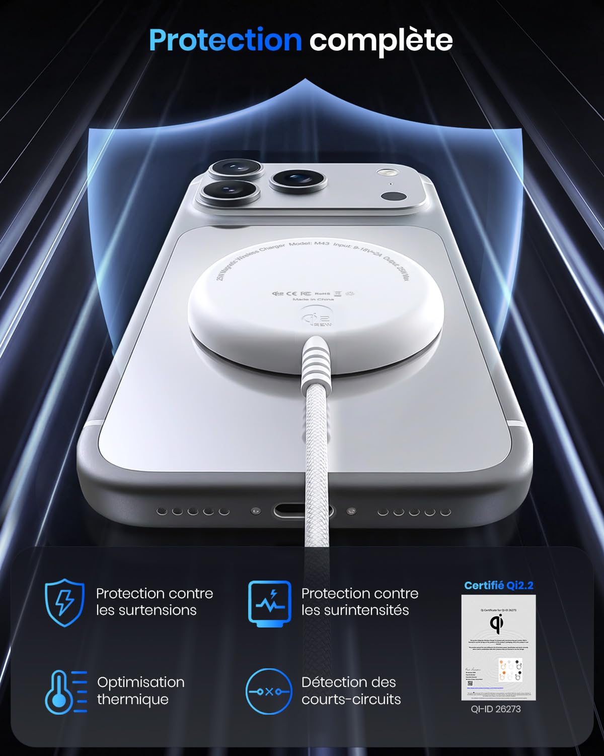 Chargeur sans Fil magnétique Qi2 25 W, Pad de Charge avec câble 1,5 m Compatible Mag-Safe pour iPhone 17e/Air/17/16/15/14/13/12, AirPods 4/3/2/Pro, série Pixel 10 et Plus (avec Adaptateur 30 W)-Blanc