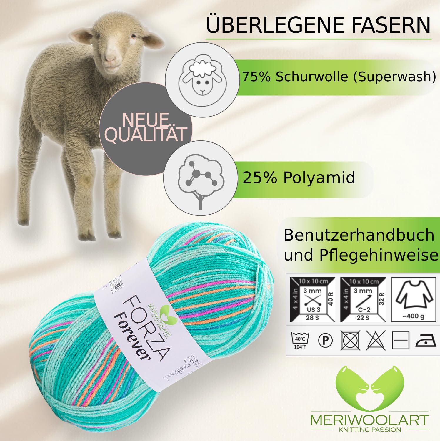 MeriWoolArt® Sock Yarn with 4 Threads, 100g Merino Wool Yarn for Knitting & Crocheting, 75% Virgin Wool (superwash) - Image 3