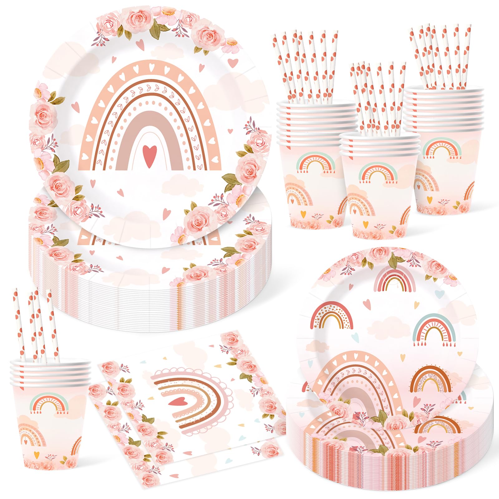 fanquare Pink Rainbow Floral Pattern Party Tableware Set, 25 Guests