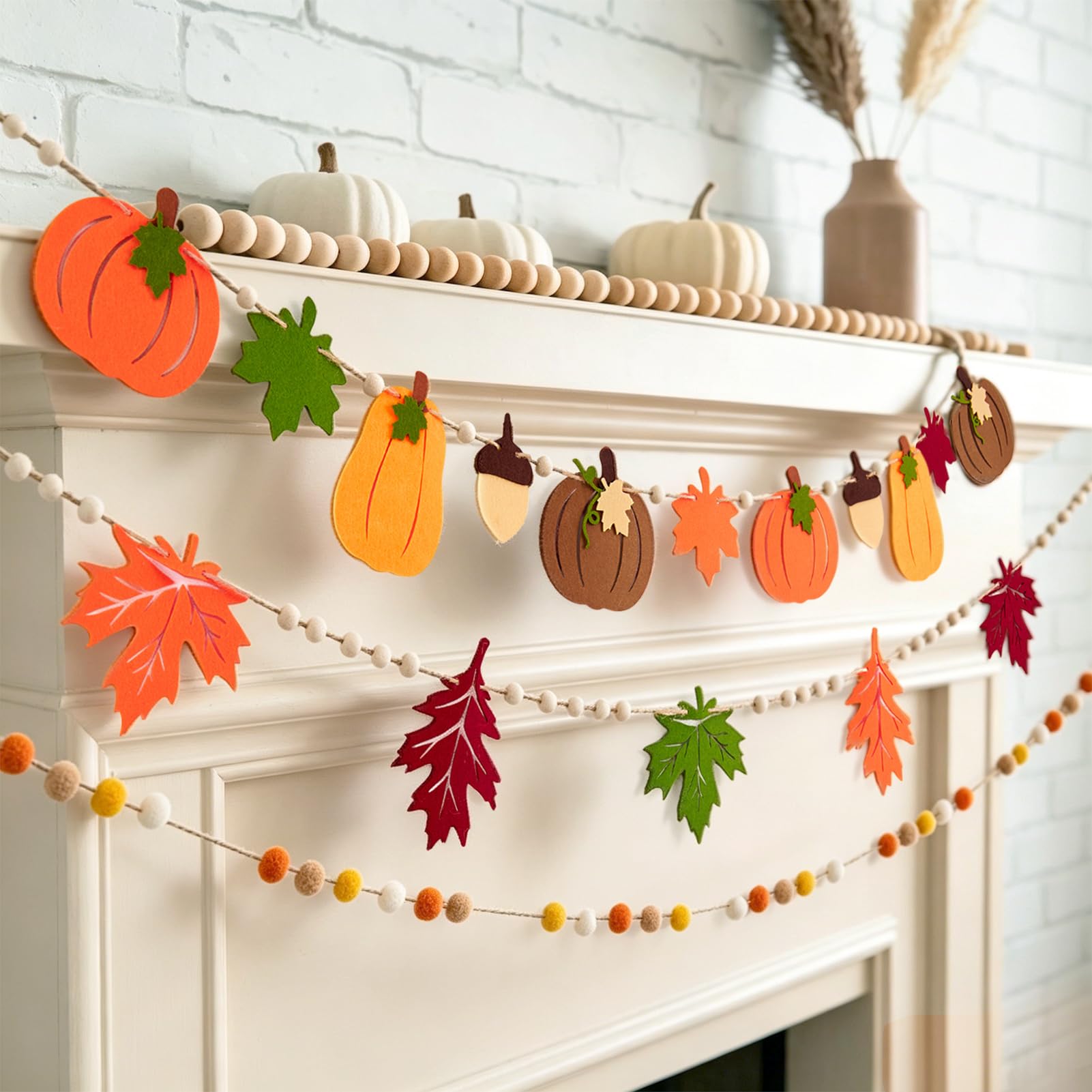 3Pc Hanging Decorations Felt Pumpkin Garland With Wood Beads Autumn Bunting