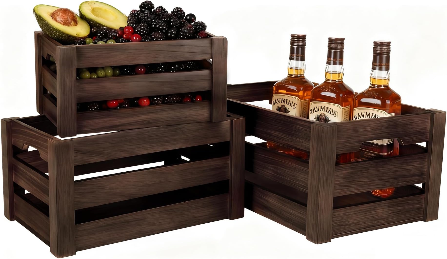 Wooden Storage Crates - Set of 3 Heavy Duty Crates for Display, Rustic Nesting Wood Boxes for Shelves, Home & Retail Organisation, Premium Solid Wood
