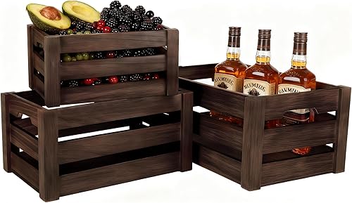 Miniatura 3 de Juego de 3 cajas de madera rústica con asas, cajas de almacenamiento decorativas de granja, cestas de exhibición de madera recuperada para