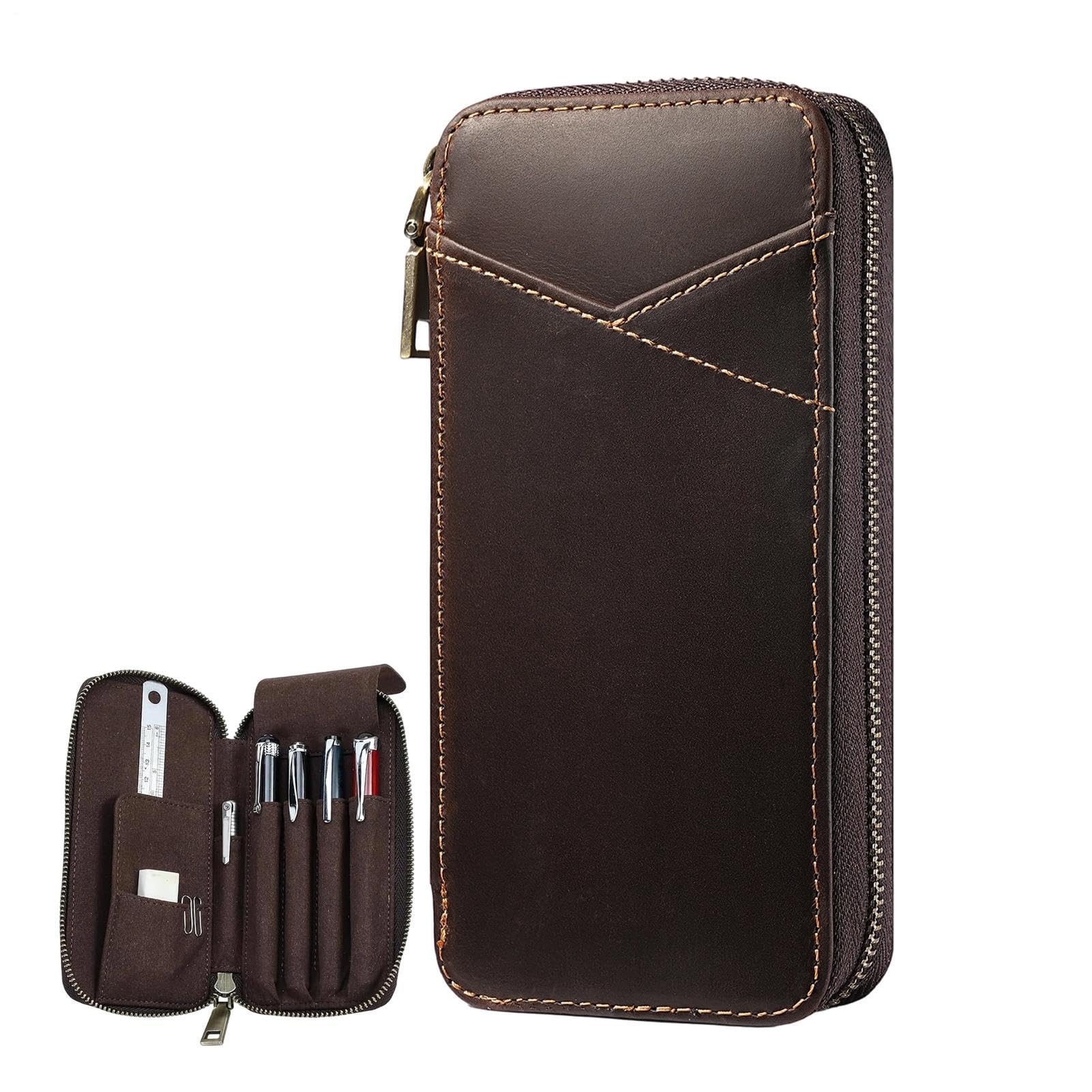 Astuccio in pelle per matite con cerniera, 5 scomparti e grande, caffè, Consulte la descripción, Vedere la descrizione | Organizer per matite con molteplici scomparti, pennarelli, gomma, scuola, casa, aula, viaggi e