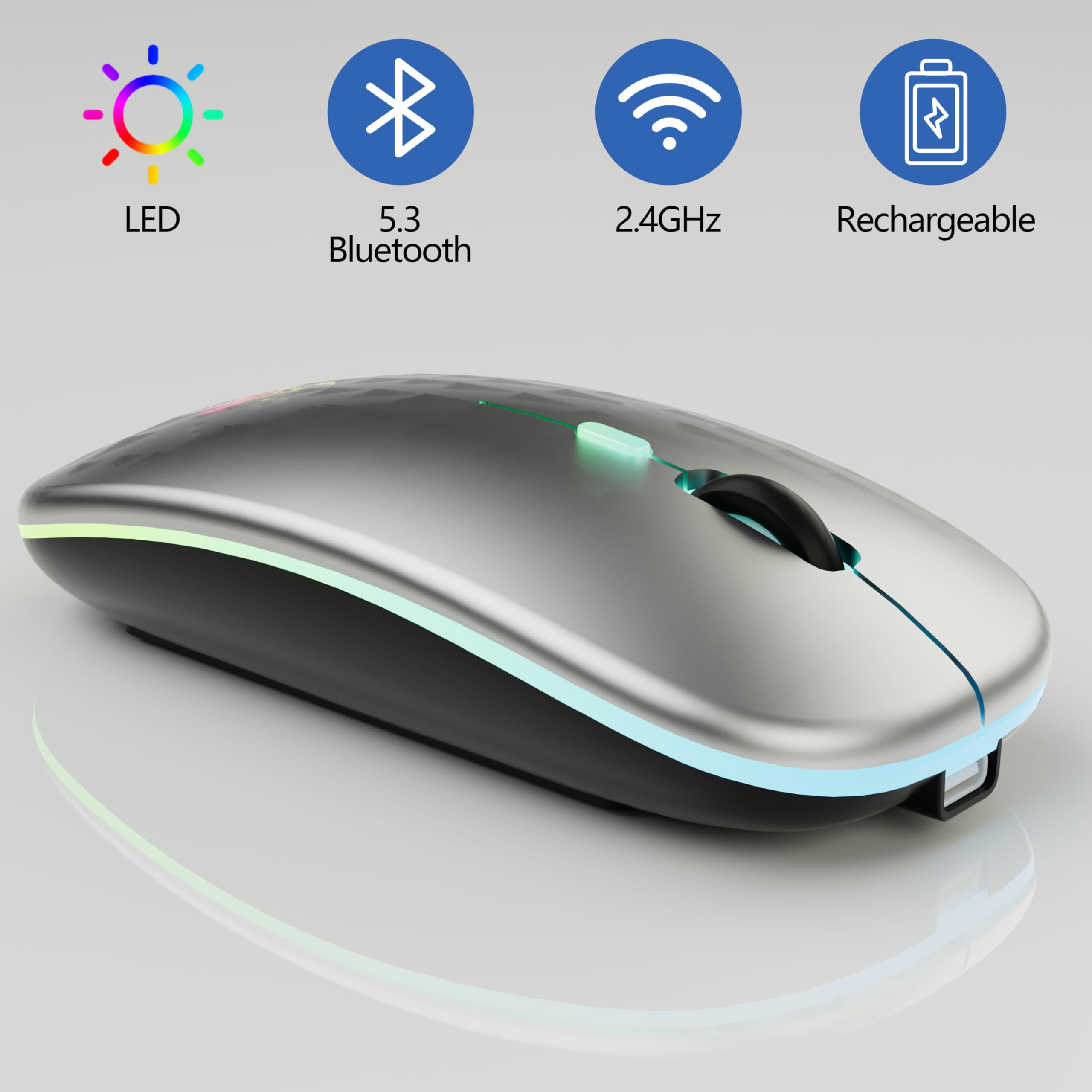 TQQ Mouse wireless ricaricabile, mouse retroilluminato a 7 colori con mini ricevitore USB da 2,4 GHz, mouse gaming, compatibile con laptop, PC, computer, Chromebook, Notebook e iPad Etc