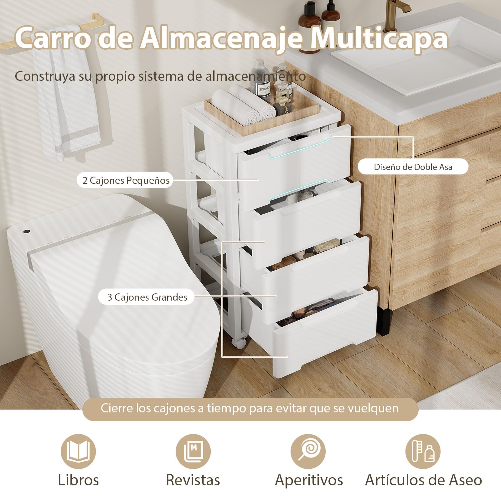 COSTWAY Armario de Almacenaje Rodante, Unidad de Almacenaje Vertical con 5/6/7 Cajones, Ruedas Universales y Bloqueables, Contenedor de Almacenaje, Organizador de Plástico para Salón (5 cajones)
