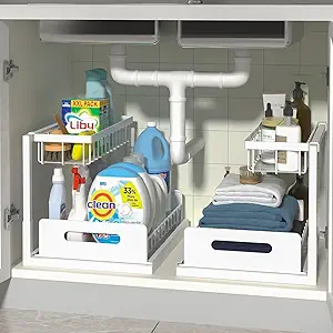 Under Sink Organizers, 2 Pack Metal Pull Out Under Sink Organizers and Storage Shelves with Sliding Drawer, Under Sink Storage for Kitchen, Bathroom, White, 2 Pack…