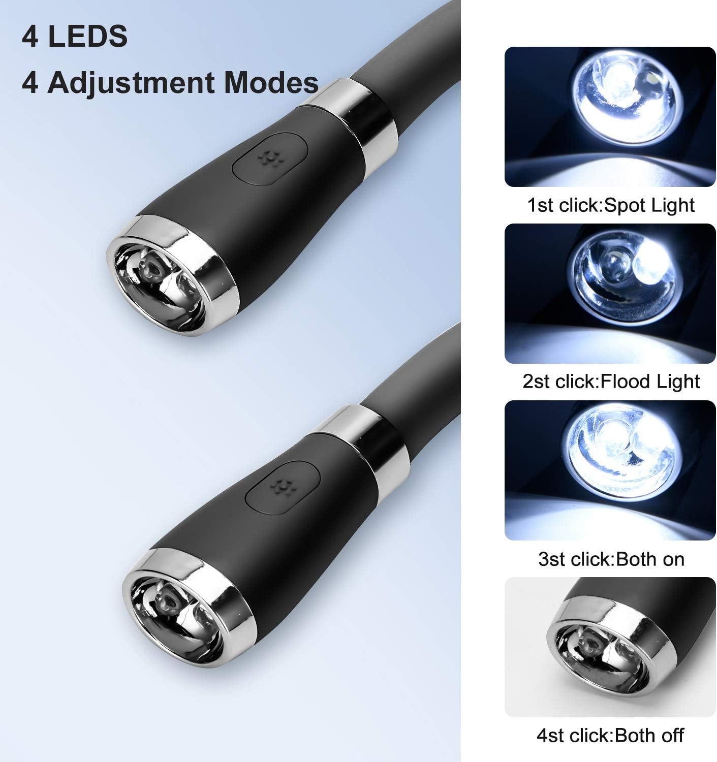 LEDネックブックライトUSB充電式、ハンズフリー、4つの超高輝度LED電球、3つの調整可能な明るさ、ベッドでの読書、編み物、ウォーキング、ジョギング、夜の修繕に最適（ ブラック ）