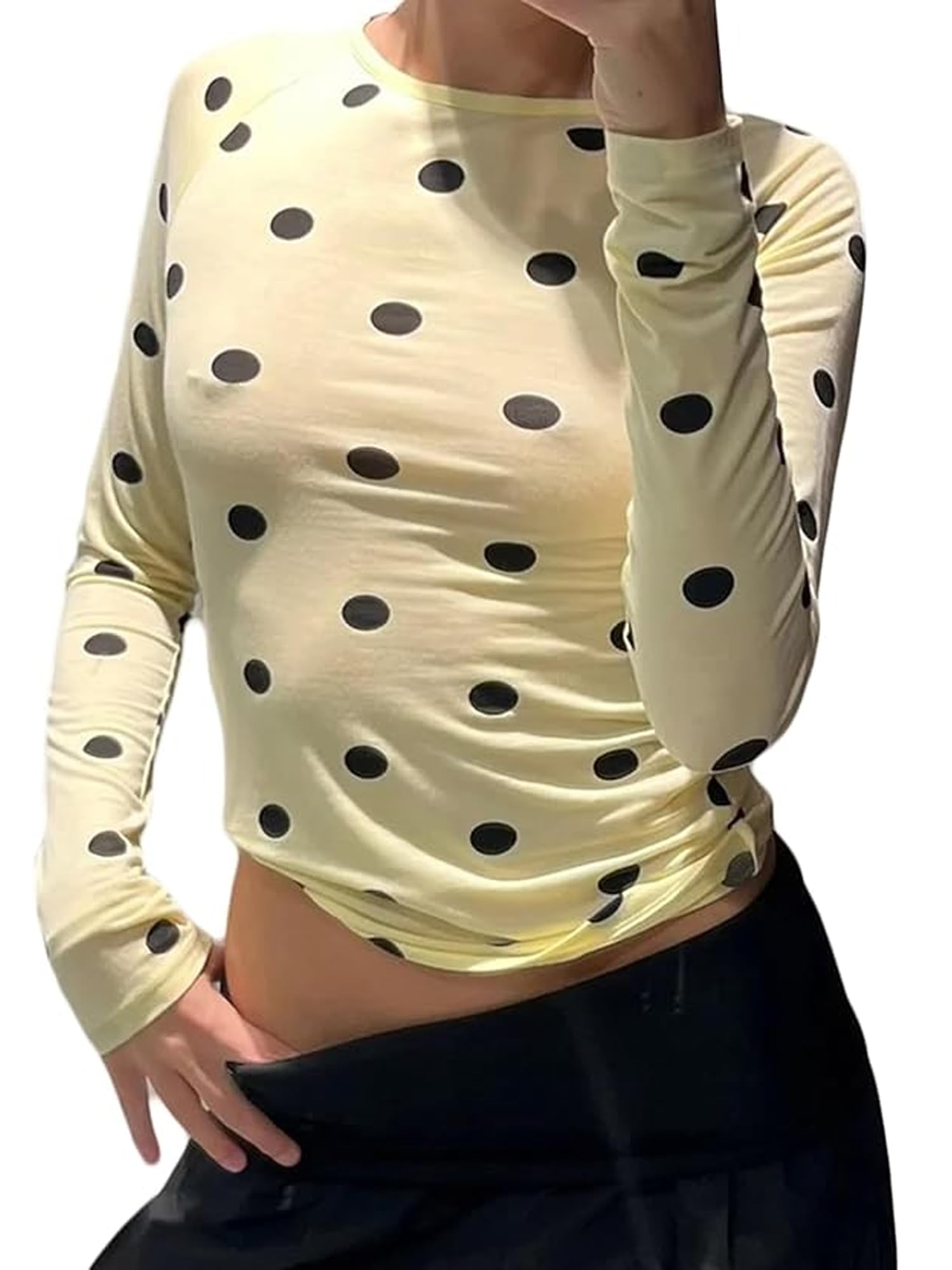 Women's Trendy Polka Dot Top Stretchy Slim Fit Basic Long Sleeve T Shirt Casual Going Out Crop Tops Streetwear (C-Yellow, XL)