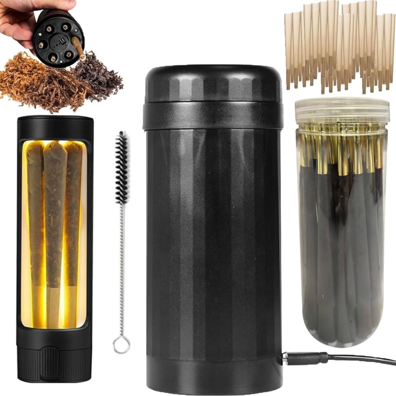 2in1 Roller Mills, Portable Swift Roll Cylinder Grinder Machine with 50 Papers with 1 LED Storage Tank, Pro Roller Electric Grinder and Cone Filler&Cone Grinde (1 Set)