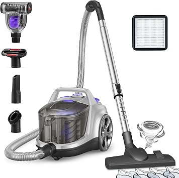 Aspiron Canister Vacuum Cleaner, 40Kpa Bagless Vacuum Cleaners, 4QT Large Dust Cup, Double HEPA Filter, Retractable Cord, 1600W Lightweight Vacuum Cleaner with 5 Tools for Hard Floors, Silver