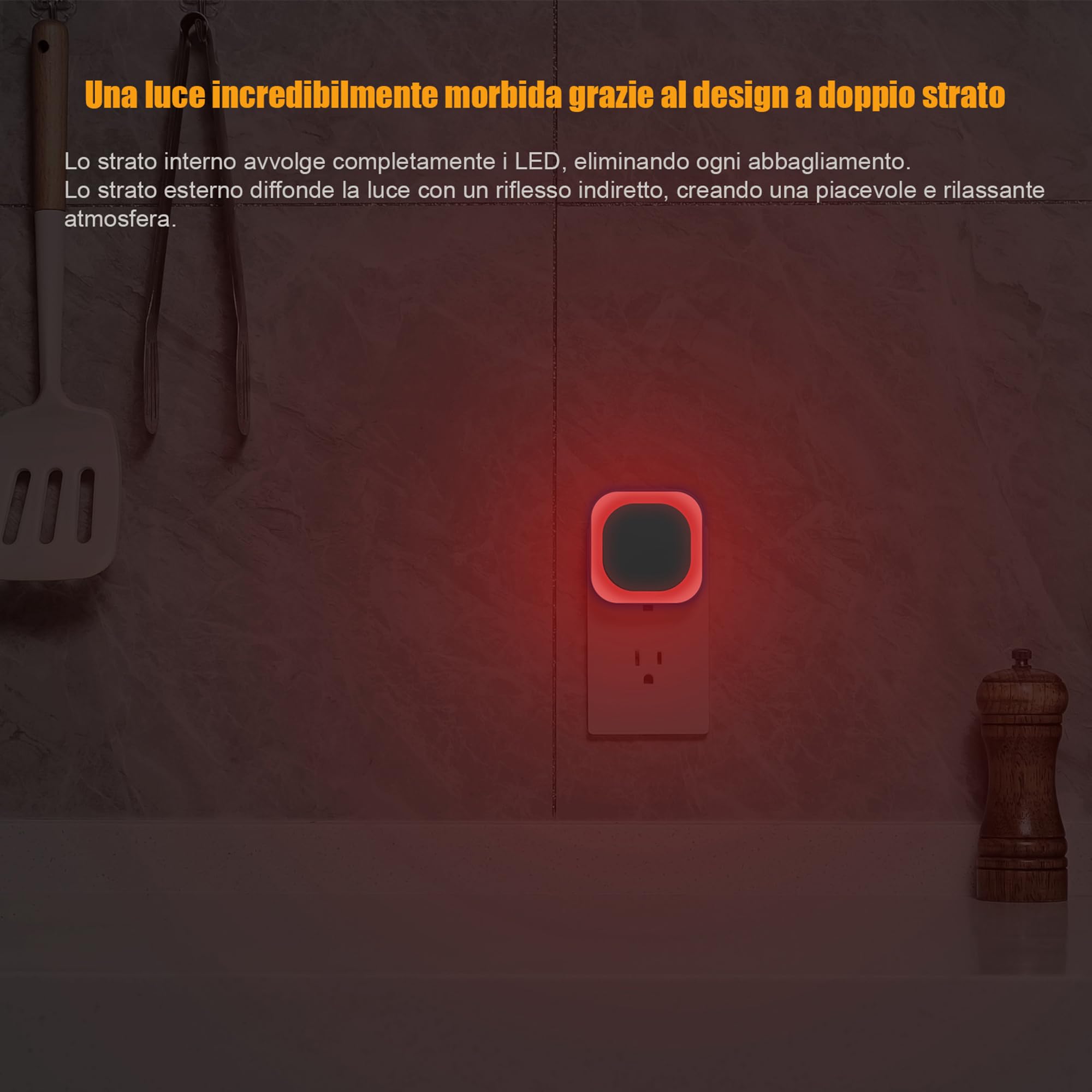 YUNLEX Presa di Luce Notturna con Sensore Crepuscolare, 3 livelli di luminosità regolabile per Camera dei Bambini, Bagno, Corridoio, Cucina, Scale, Rosso