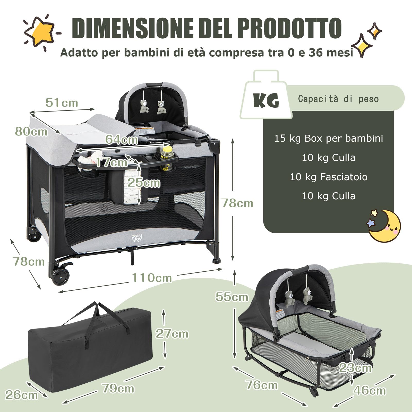 RELAX4LIFE 5-in-1 Lettino da Campeggio per Bambini, Culla Neonato Fianco Letto, Lettino Neonato con Materasso, Ruote Bloccabili e Borsa per il Trasporto, per Bambini 0-36 Mesi (Nero)