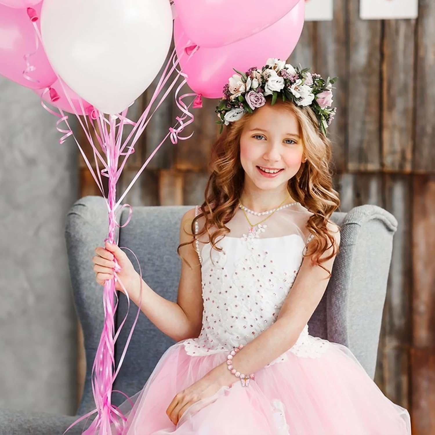 CHUNG Girls Natural Stone Beaded Bracelet Pink Butterfly Necklace 6-12 Years Old Birthday Gifts Christmas for Daughter Granddaughter Niece - Image 6