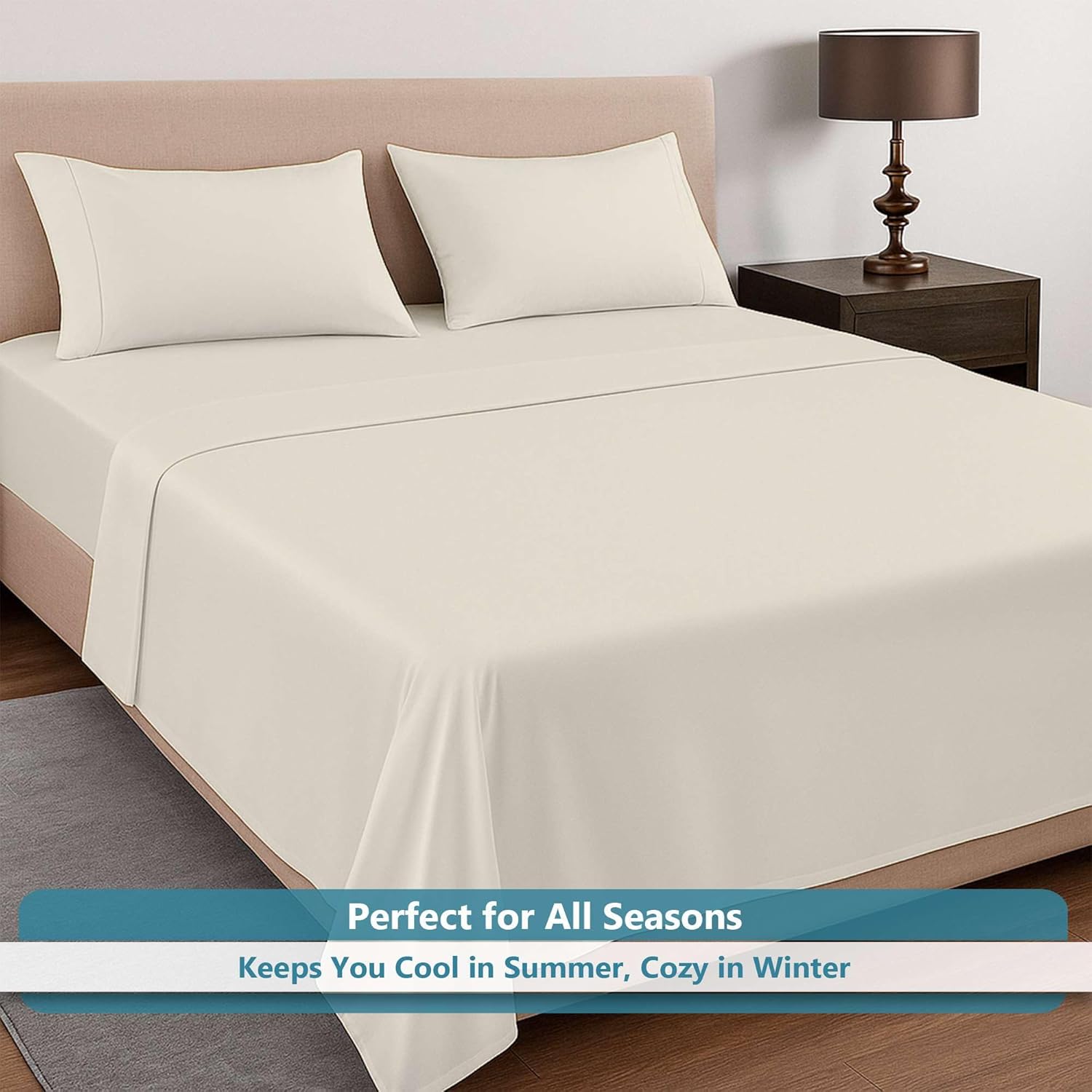 Way Fair 4 Piece Sheet Set Queen (60"x80") Size Ivory Solid - 100% Egyptian Cotton, 600-Thread-Count Cooling Bed Sheets, 15 Inch Deep Pocket of Fitted Sheet, Queen Cotton Bed Sheets Set