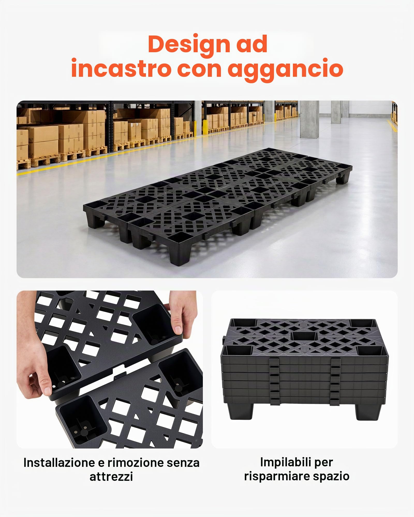 VEVOR Pallet in Plastica, Set da 6 Pedane ad Incastro Impilabili e Impermeabili, con Griglia Traspirante, per Cantina, Magazzino e Supermercato, Portata Statica 1000 kg/m², 50 x 30,5 x 10 cm, Nero