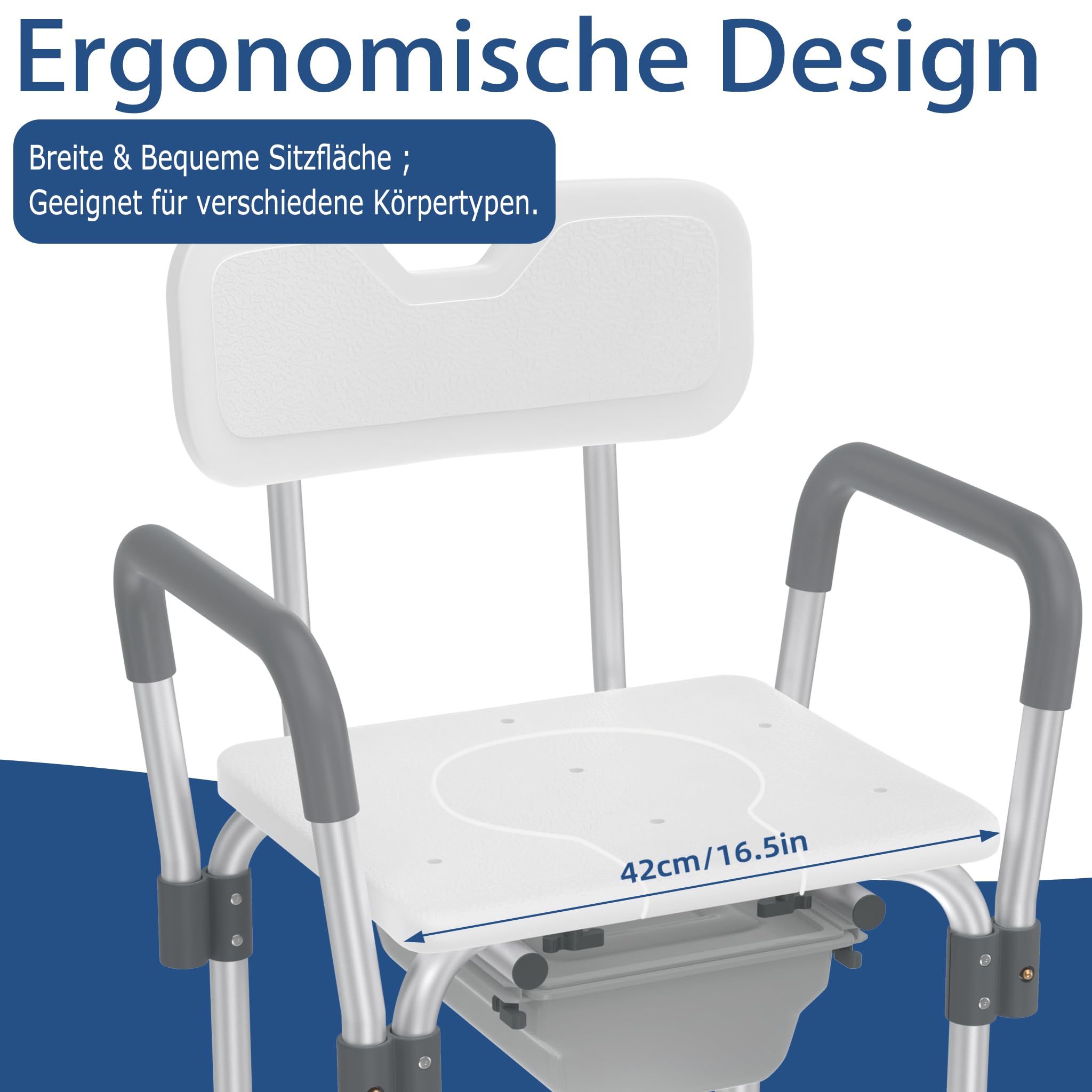 Aluminiowe higieniczne krzesło toaletowe z regulacją wysokości, ze zdejmowanymi podłokietnikami, oparciem, stołkiem prysznicowym, antypoślizgowe, do 150 kg