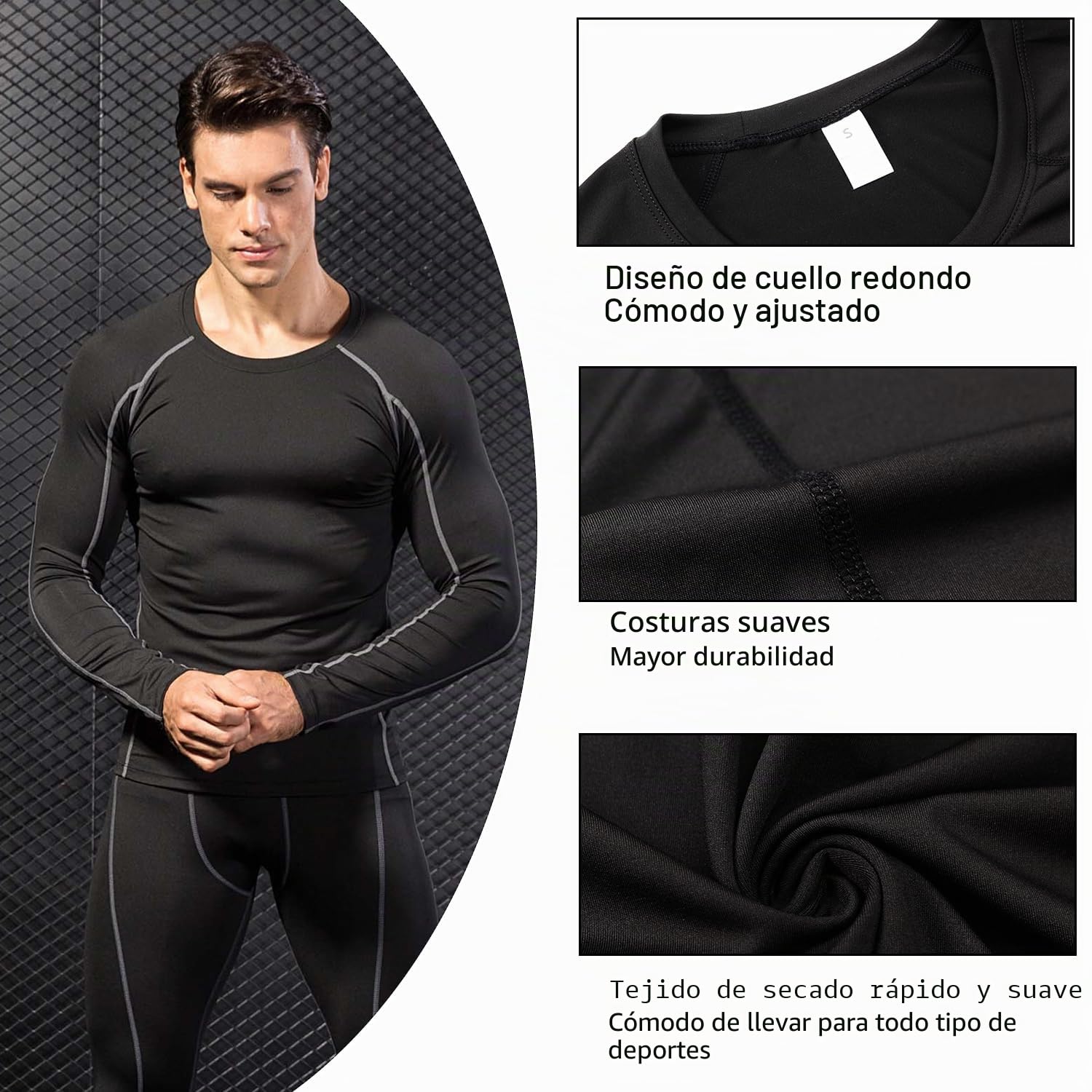 Camisas de compresión para hombre, manga larga, cuello redondo, secado rápido, entrenamiento, correr, atletismo, capa base de compresión para hombre