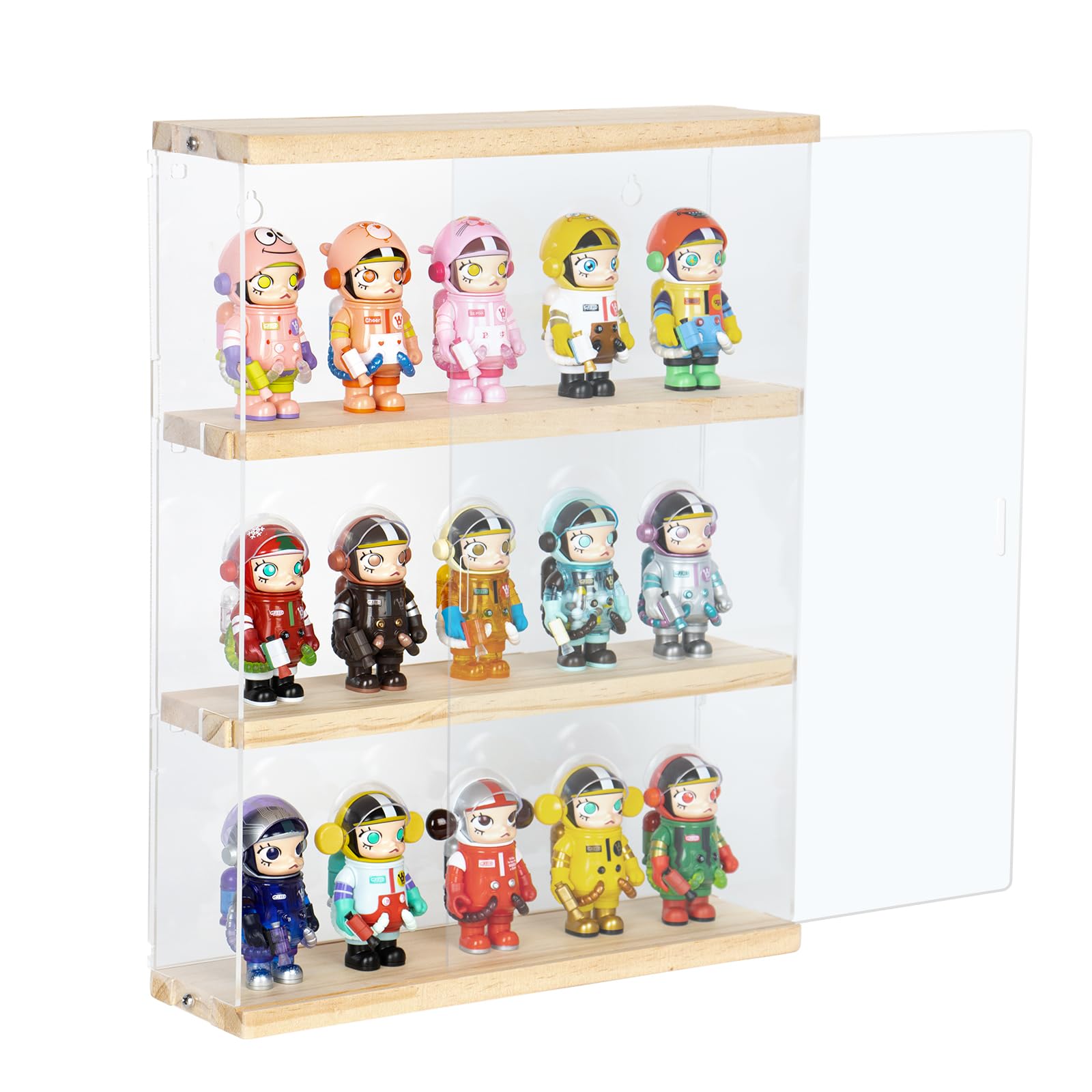 Vitrine Murale pour Collection en Acrylique, 3 Niveaux Boite Acrylique d'exposition Vitrine Transparente avec Porte pour Mini Funko Pop, Figurine, 29.3x8.5x38cm, Bois