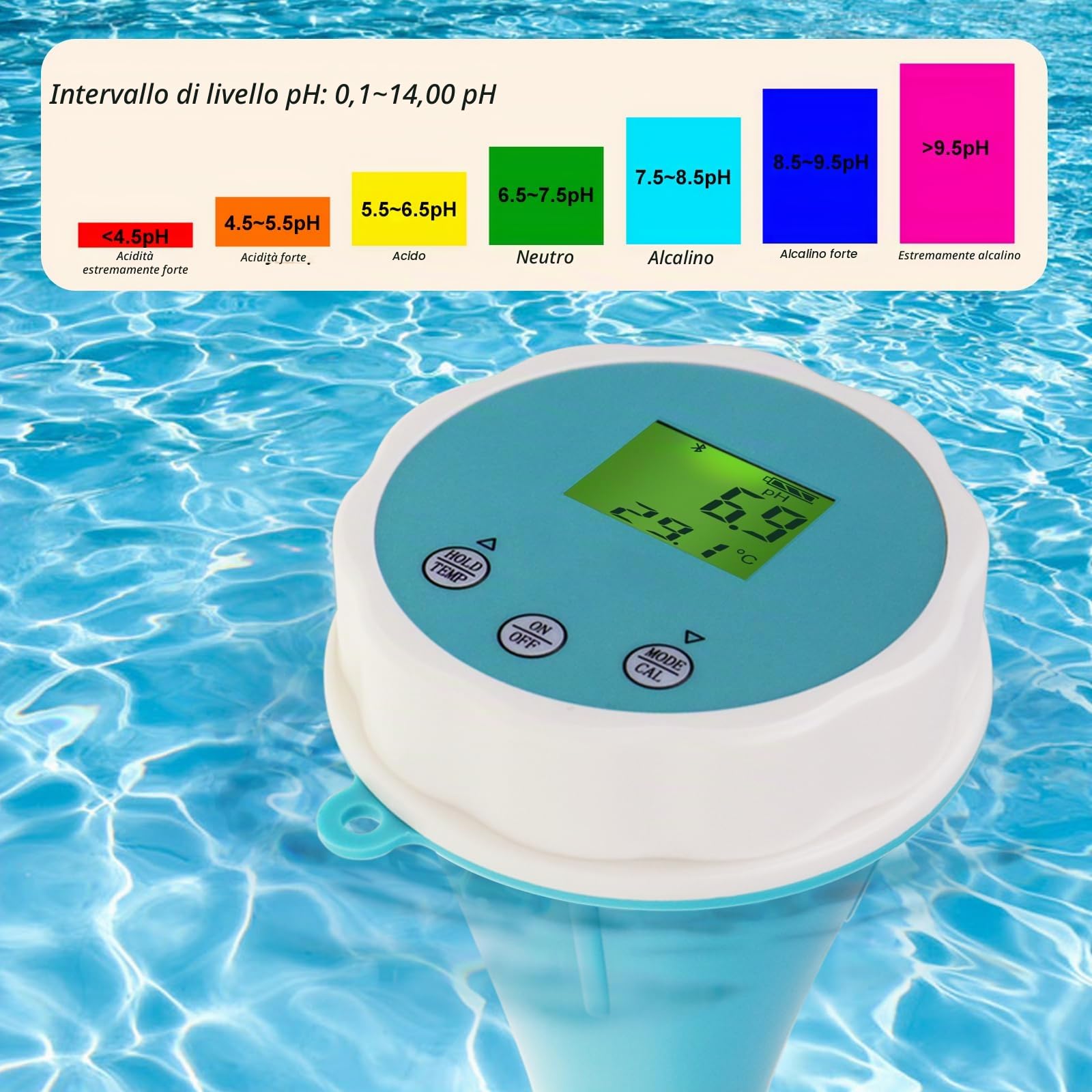 Tester di Acqua per Piscine Bluetooth 6-in-1 EC/Salinità/pH/ORP/Temperatura/Cloro, Misuratore Galleggiante Senza Fili Intelligente per il Monitoraggio delle Piscine e delle Piscine Termali