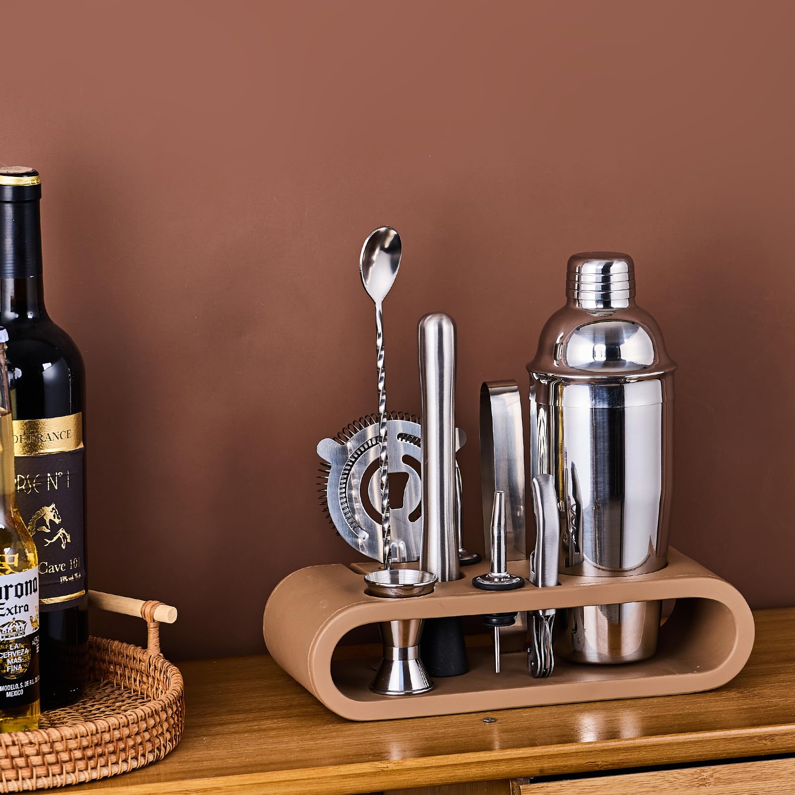 Leather Brown 9-Piece Bar Tool Holder Stand for Bartender Kit Storage Display (Bar Tools are Not Included), Resin Cocktail Shaker Set Holder, Free Standing Bartender Tool Holder