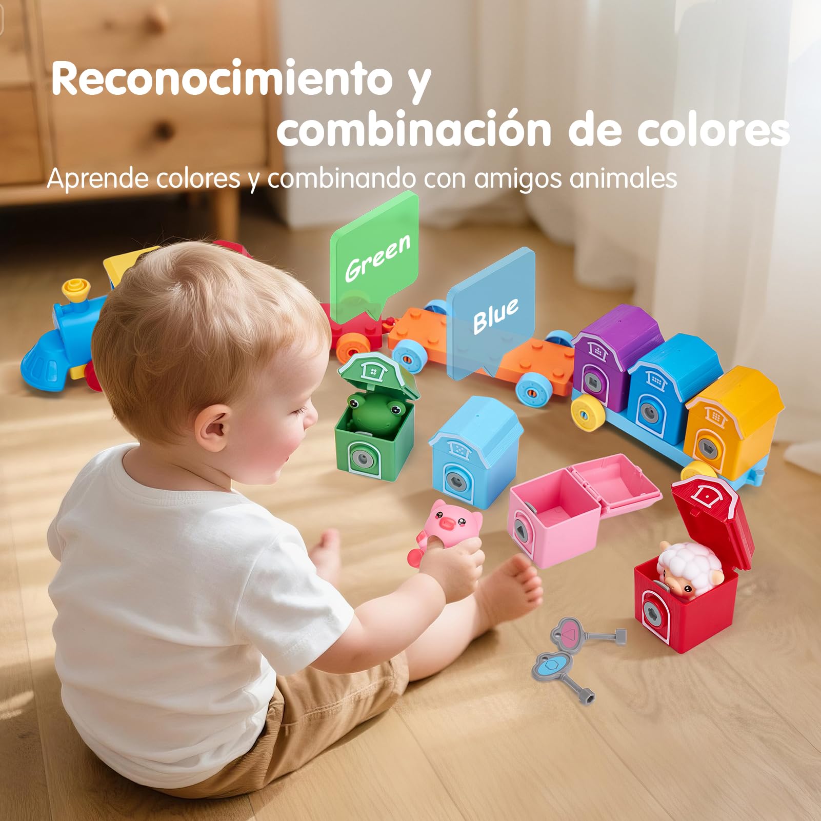 hahaland Tren de Juguetes Niños 1 2 Años - 20 en 1 Tren Juguete Montessori con Animales Rurales, Marionetas de Dedo, Llave de Granero - Coches de Juguetes para Niños 1 2 3 4 años