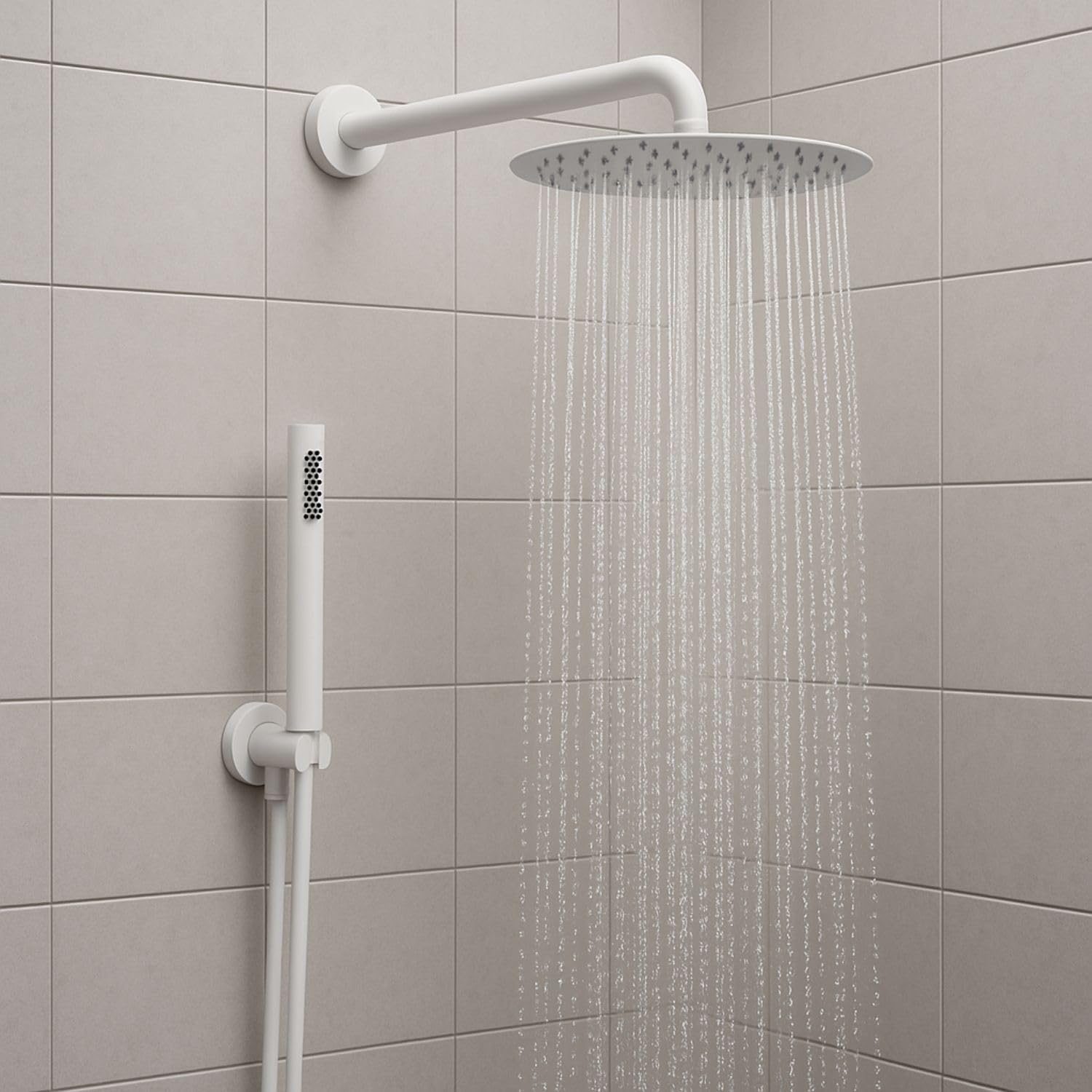 Set Doccia Completo, Soffione Tondo 250Mm Con Doccetta, Braccio 35Cm, Finitura Bianco Opaco, Acciaio Inox - 4