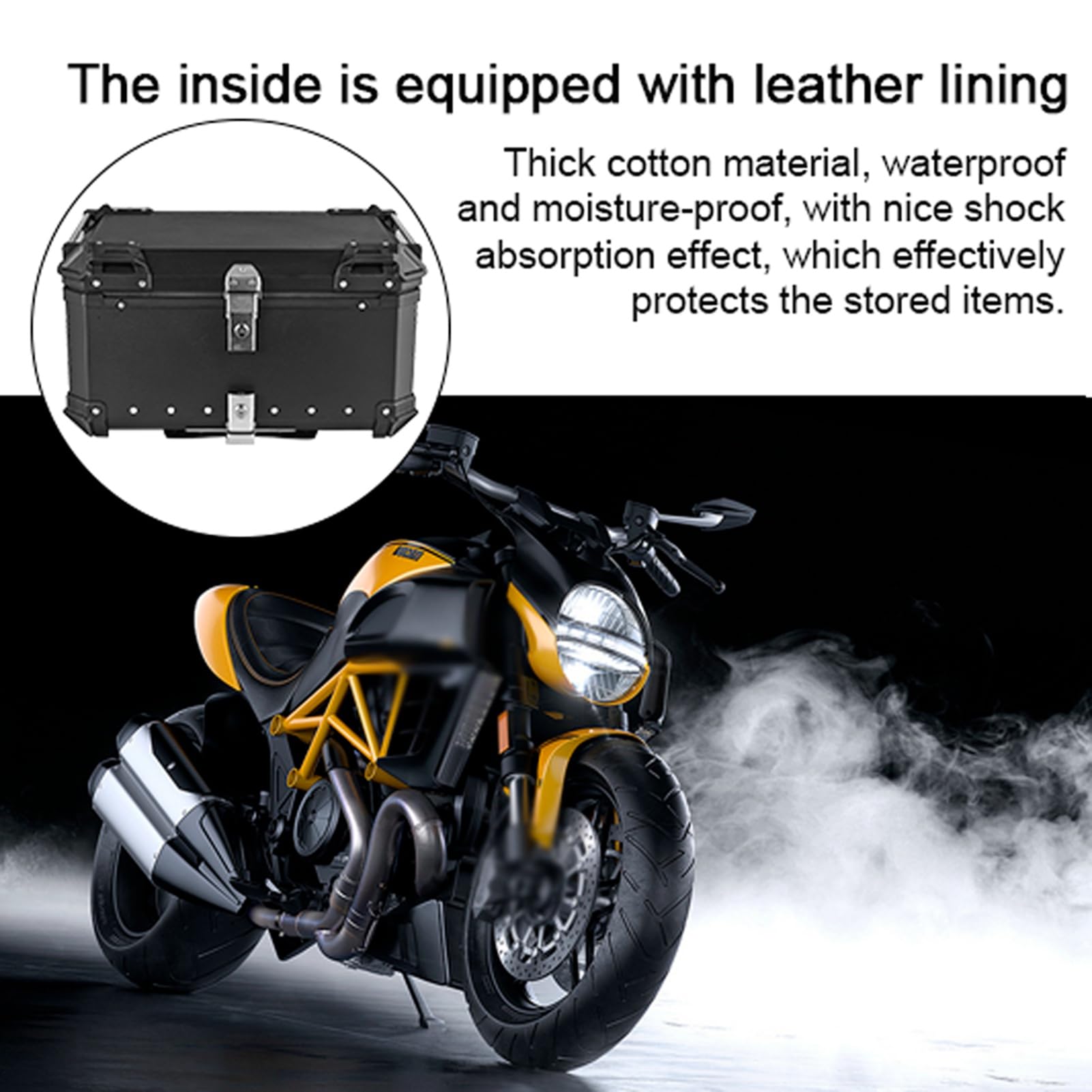 Tylny pokrowiec na bagażnik motocyklowy, 65 l, ze stopu aluminium, szybkie uwalnianie, wodoszczelny i amortyzujący wstrząsy, z 2 naklejkami odblaskowymi przycisków, czarny, duży (65 l)