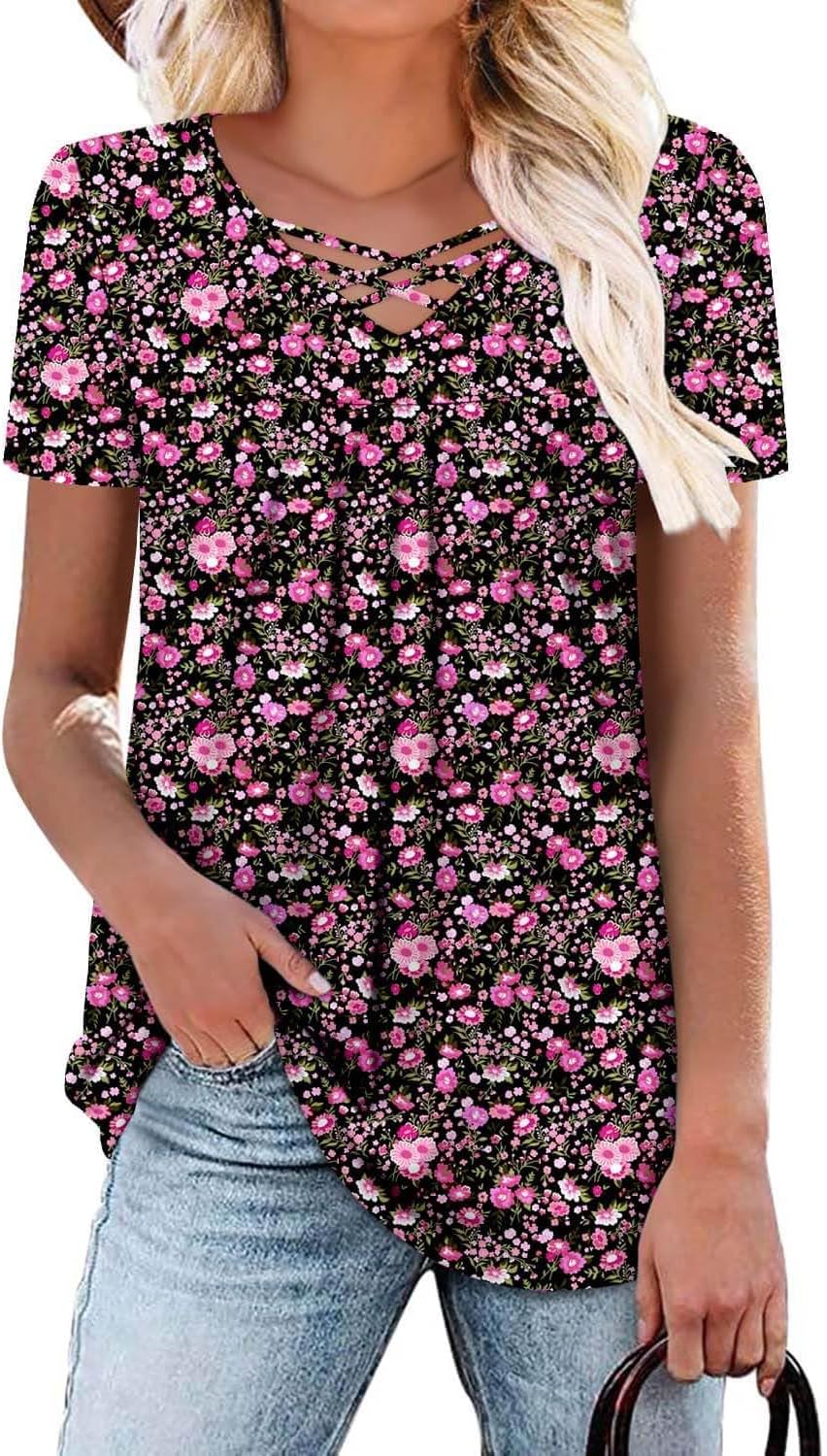 ONLYSHE Womens Summer Short Sleeve Shirts V Neck Tops Casual Tunic Floral Ruffle Blouse - Image 2