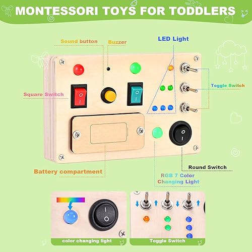 Vista 2 de Tablero de actividades Montessori para niños pequeños, interruptor de luz LED, tablero de actividad, tablero sensorial de pared, tablero de madera