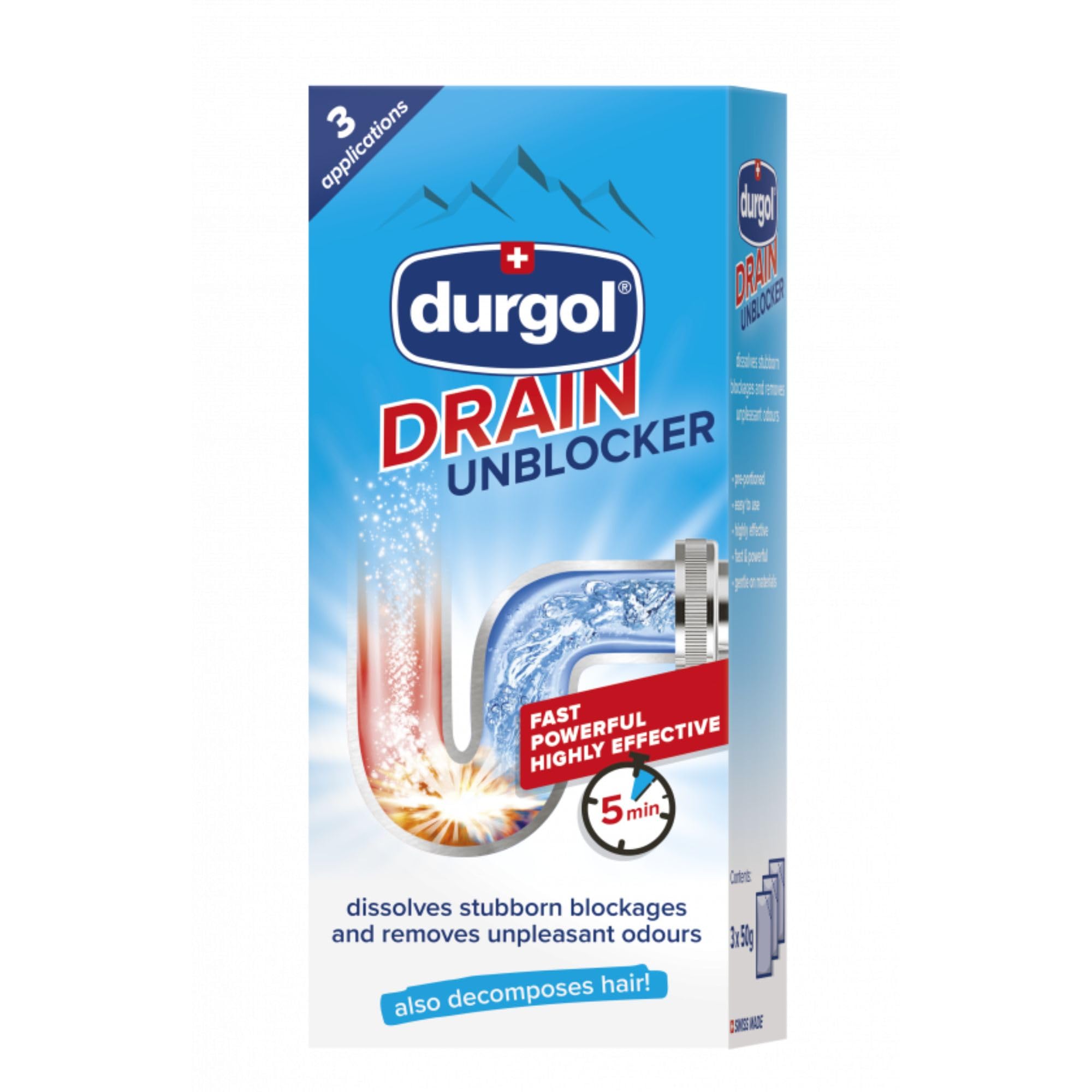 DurgolDrain Cleaner Granules - 3 Applications - For Kitchen & Bathroom - Pipe Cleaner - Removes Blockages