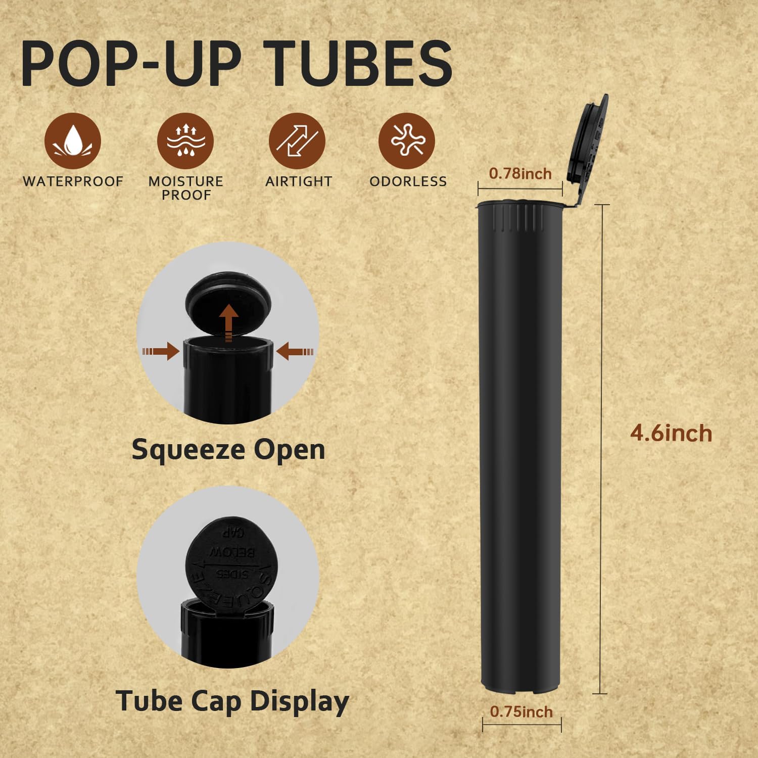 LaSyL 116mm Pre Roll Tubes - 50 Pcs, Waterproof Airtight Odor Sealing Smell Proof Container with Squeeze Pop Top, BPA Free, Black 50 Packs