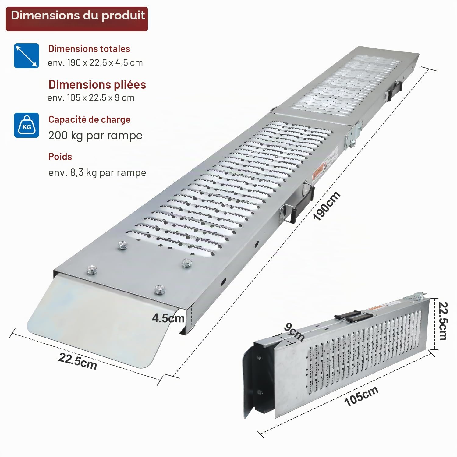 Lot de 2 rampes de chargement pliables pour voiture, 400 kg, max. pour remorque, moto, tondeuse, tracteur à gazon, 190 x 22,5 x 4,5 cm