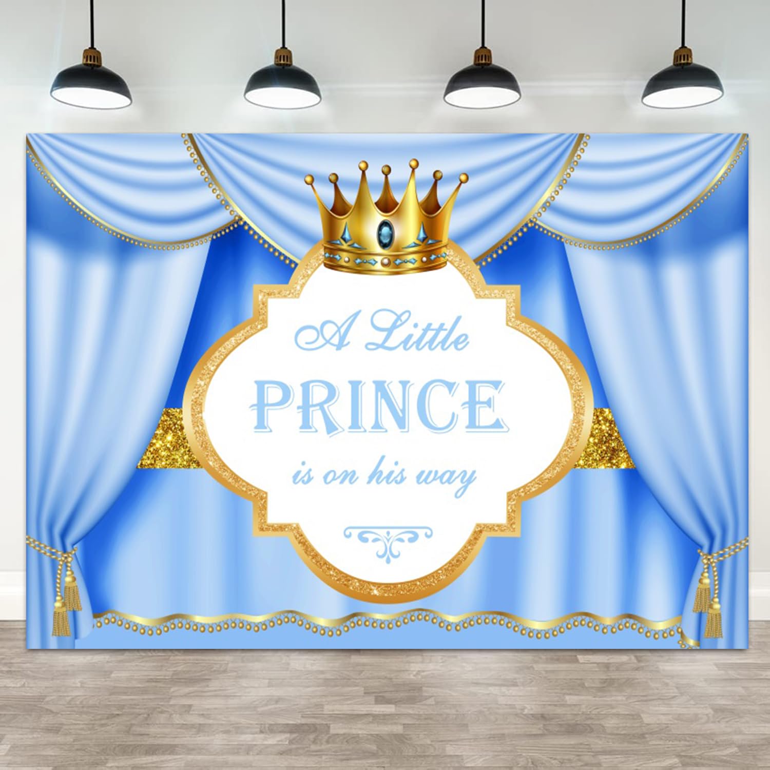 Toile de fond bleue pour fête prénatale « A Little Prince is On His Way » - 3 x 2,4 m - Couronne dorée - Bannière de fête prénatale - Décoration pour nouveau-né garçon