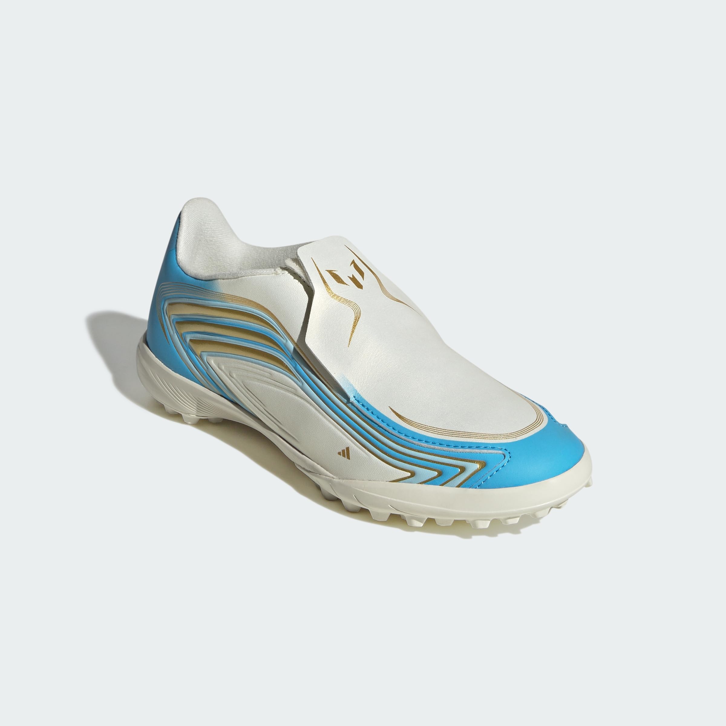 adidas Uniseks - dzieci F50 Messi League Laceless Turf Football Kids Shoes, ivory/semi blue burst/icey blue, 31 EU