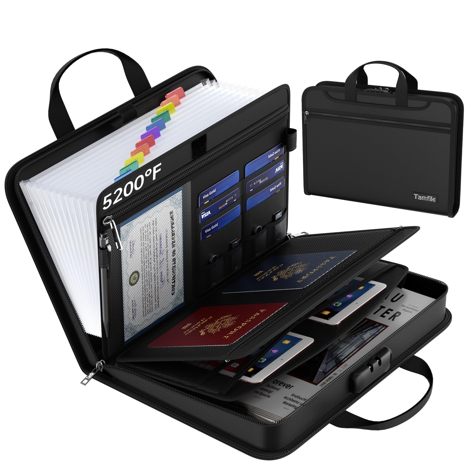 5200℉ Fireproof Accordion File Organizer with Lock, Thickened Document Organizer 13 Pocket with Zipper & Labels, Important Document Organizer,