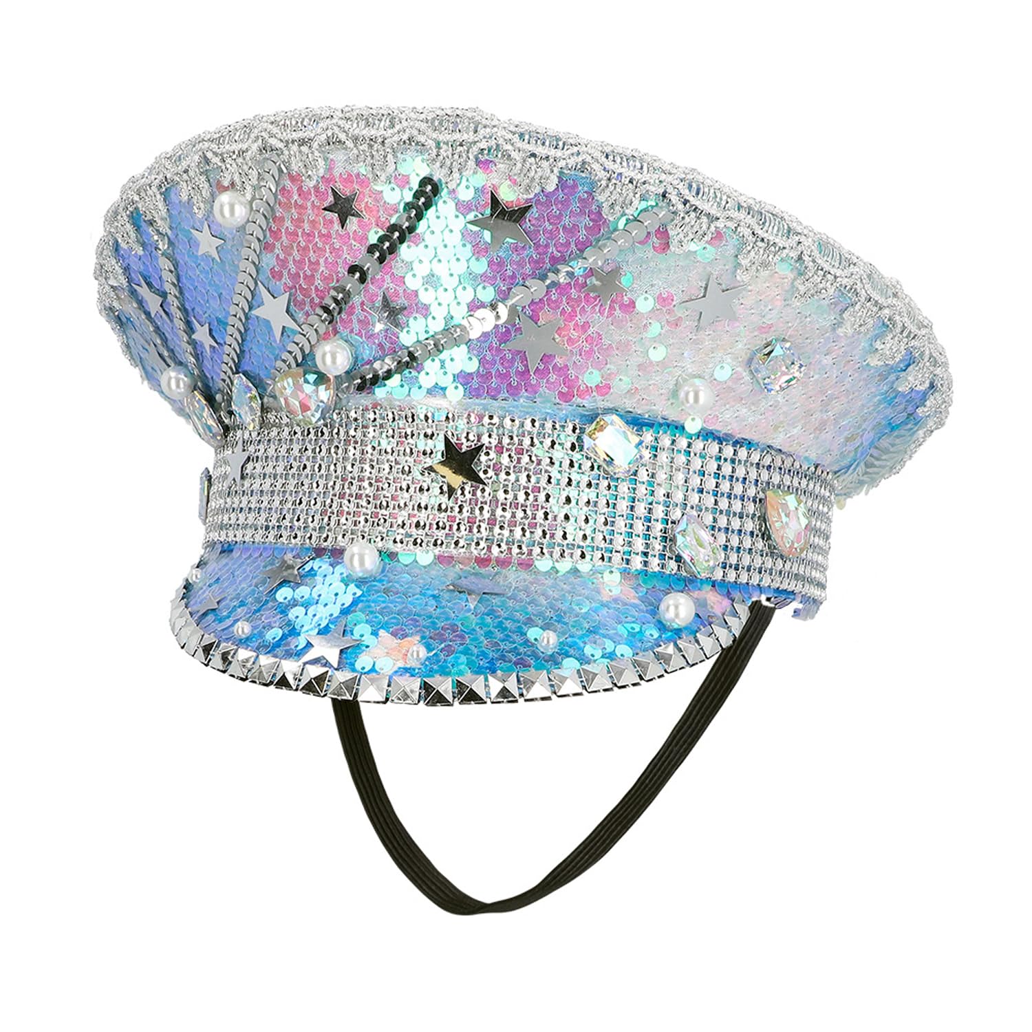 Boland Iridescent Sequin Festival Hat – Embellished Party Headwear with Stars, Pearls & Gemstones – Glitter Carnival Disco Cap for Adults, Fancy Dress & Themed Events