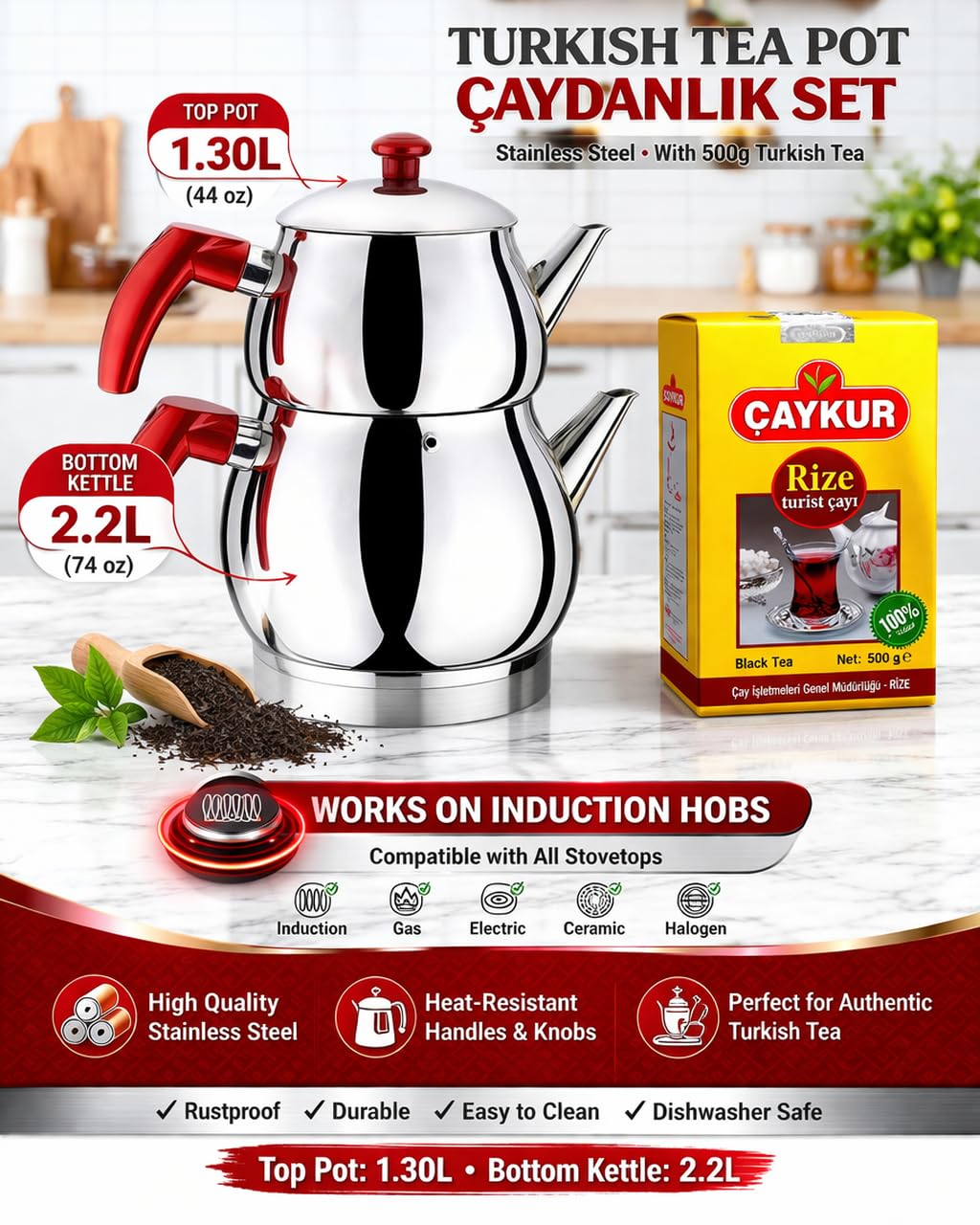 Caydanlik - Théière Turque en Acier Inoxydable - Grande Taille + Cadeau Gratuit 500 g de thé Noir Turc