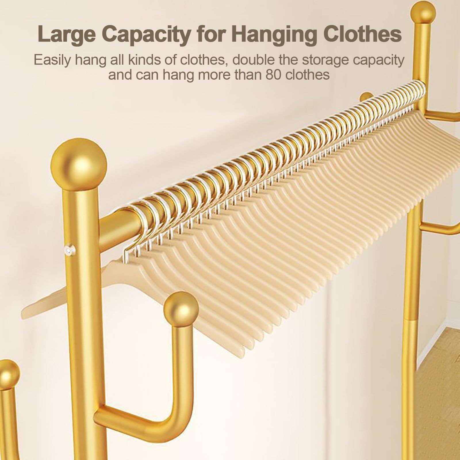 Colgador - Appendiabiti in metallo robusto con supporto per scarpe, per camicie e pantaloni, finitura dorata, 80 x 165 x 35 cm, soluzione elegante e funzionale