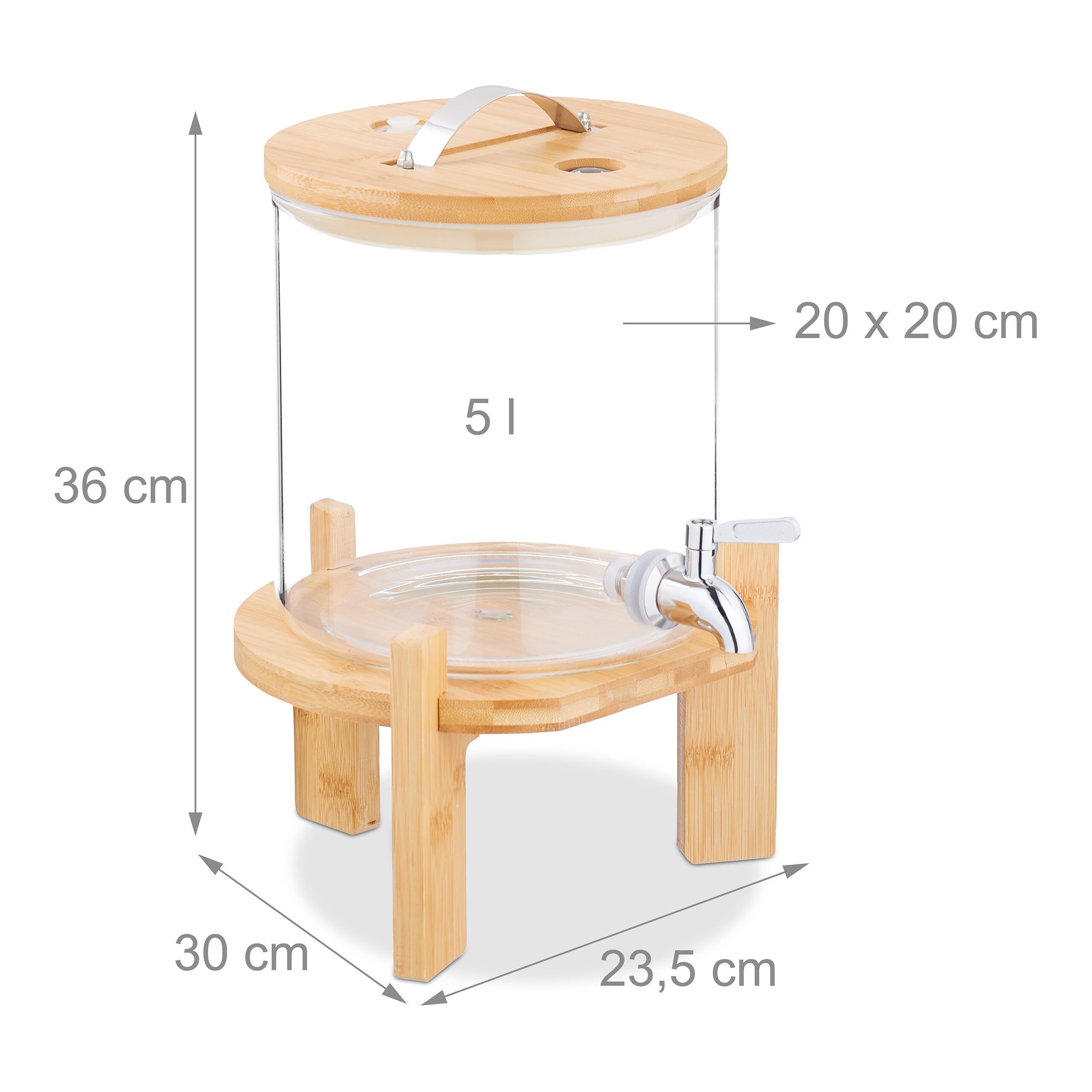 Relaxdays Dispenser in Vetro per Bevande Fredde e Calde, Erogatore Bibite da 5 L, con Rubinetto e Coperchio in bambù